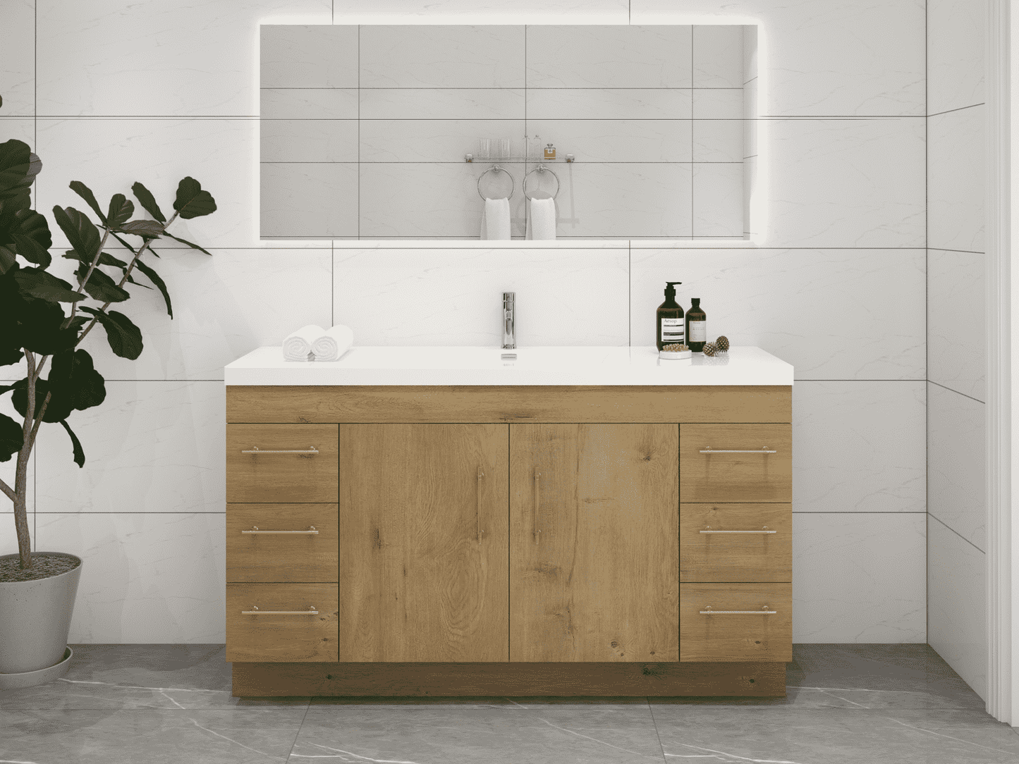 Elsa 60" Freestanding Bathroom Vanity with Single Reinforced Acrylic Sink in Oak | Better Vanity