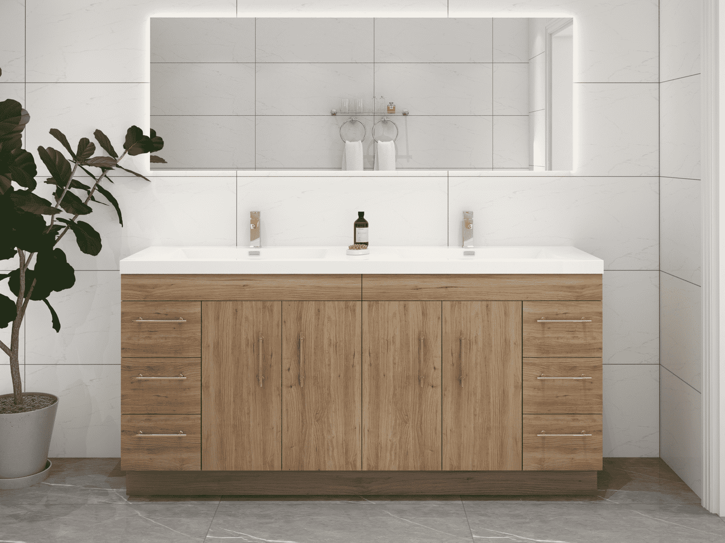 Elsa 72" Freestanding Bathroom Vanity with Reinforced Acrylic Double Sink in Natural Oak | Better Vanity