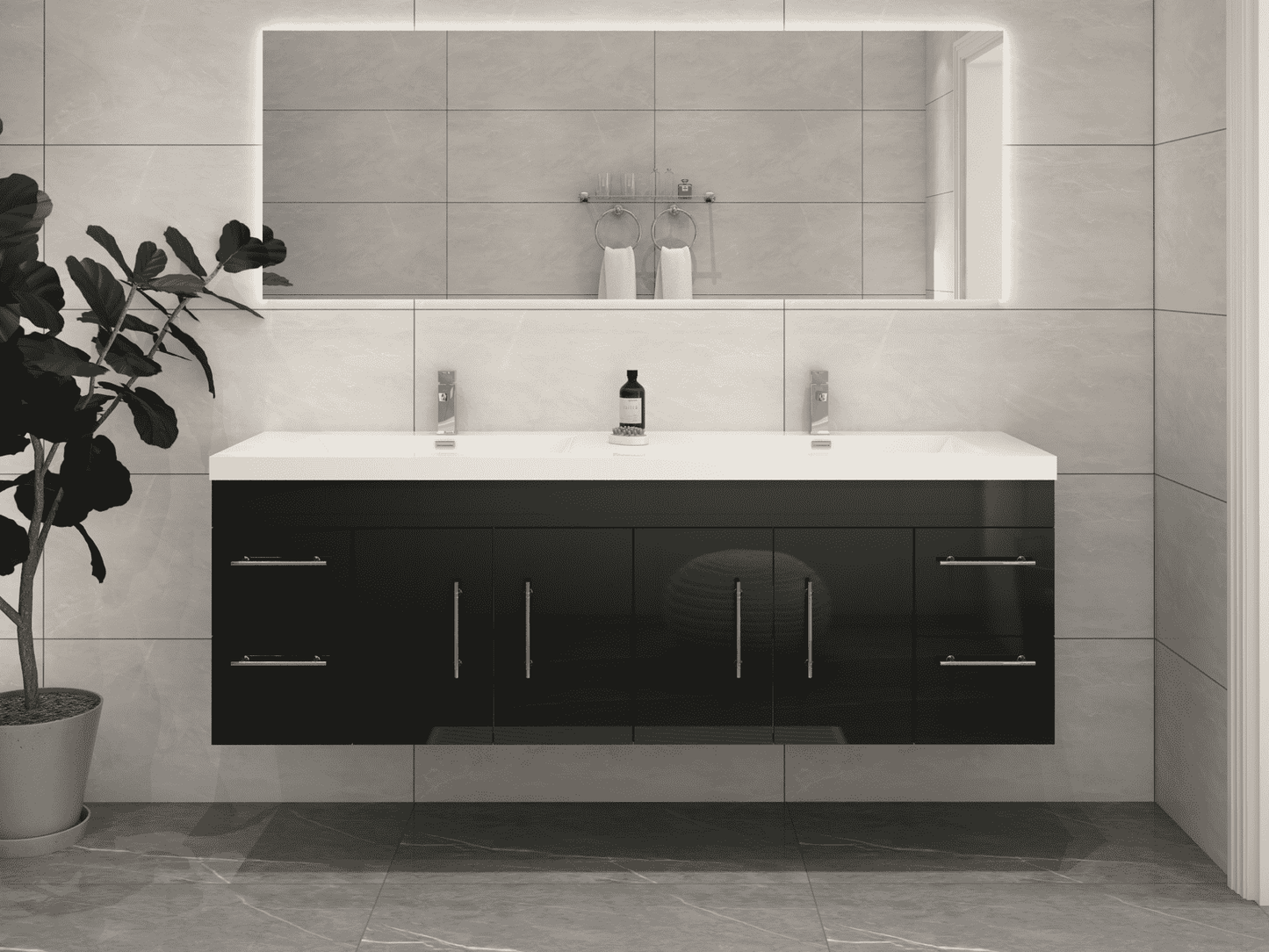 Elsa 72" Wall-Mounted Floating Bathroom Vanity with Reinforced Acrylic Double Sink in Gloss Black | Better Vanity