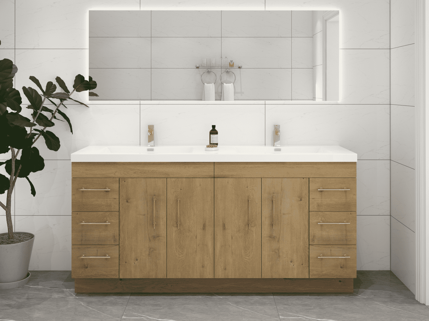 Elsa 72" Freestanding Bathroom Vanity with Double Reinforced Acrylic Sink in Oak | Better Vanity