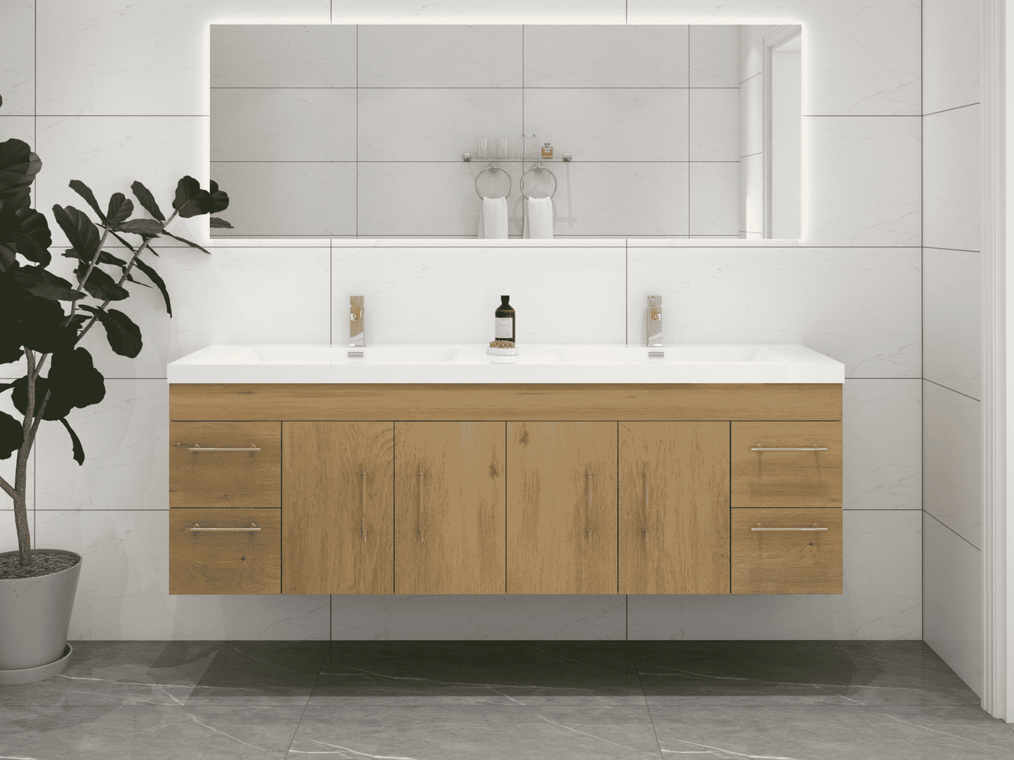 Elsa 72" Wall Mounted Floating Bathroom Vanity with Reinforced Acrylic Double Sink in Oak | Better Vanity