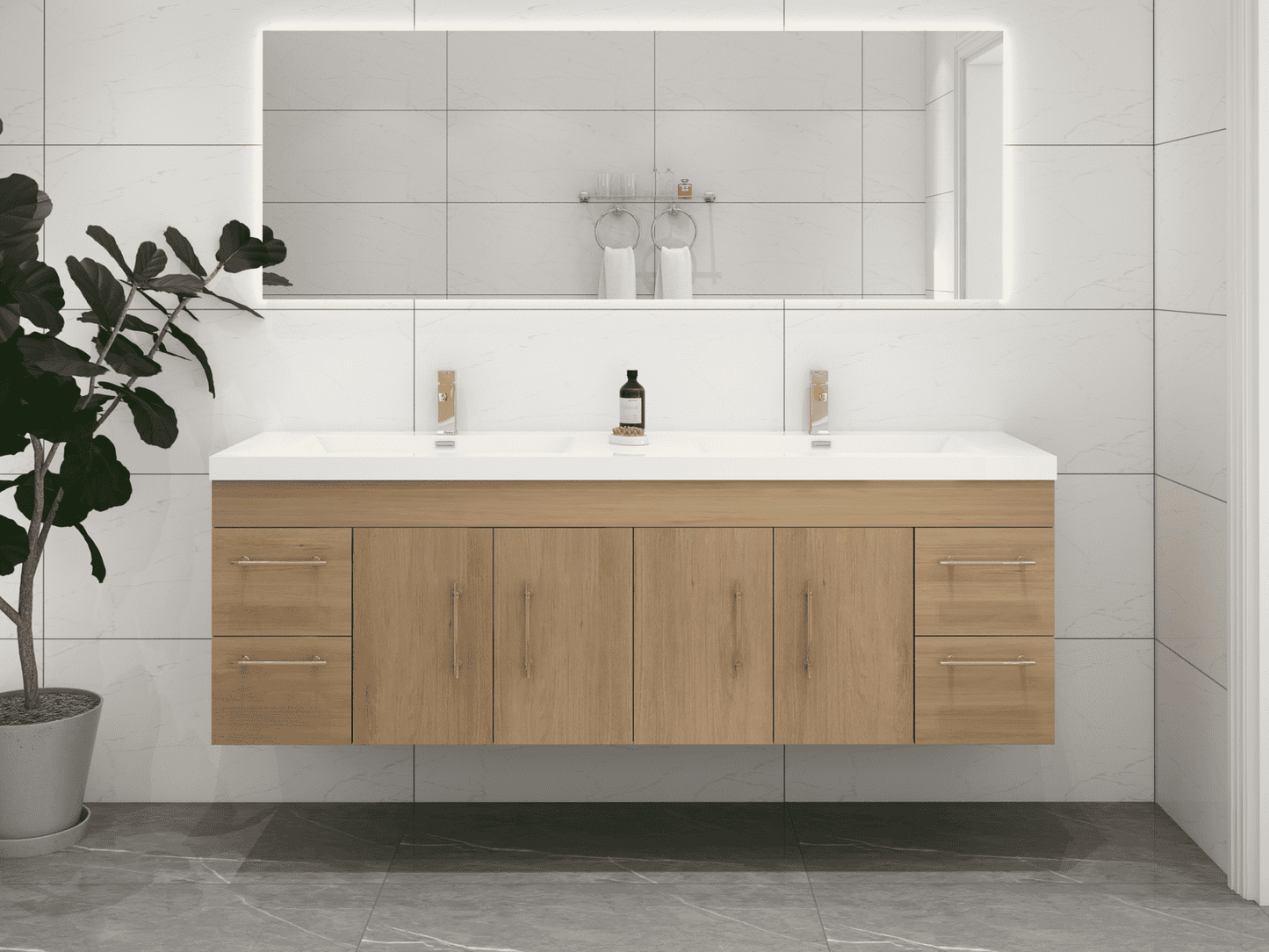 Elsa 72" Wall Mounted Floating Bathroom Vanity with Reinforced Acrylic Double Sink in White Oak | Better Vanity
