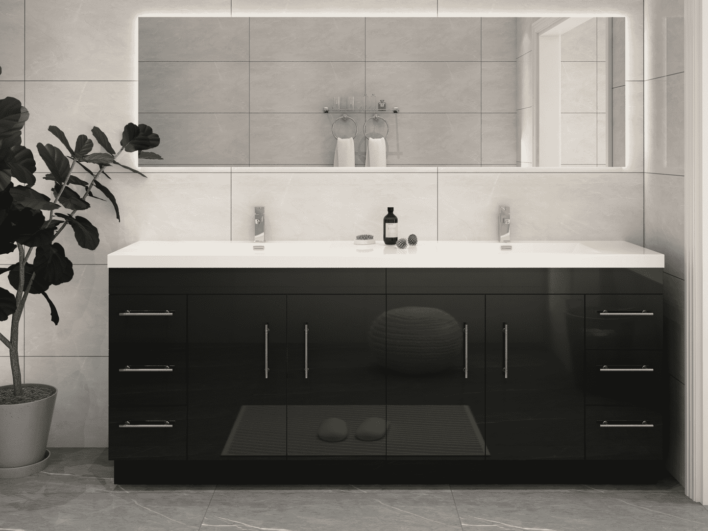 Elsa 84" Freestanding Bathroom Vanity with Reinforced Acrylic Double Sink in Gloss Black | Better Vanity