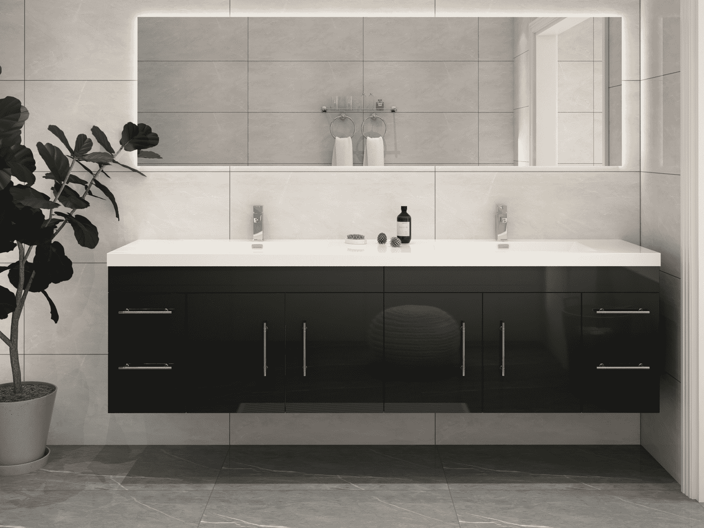 Elsa 84" Wall-Mounted Floating Bathroom Vanity with Reinforced Acrylic Double Sink in Gloss Black | Better Vanity