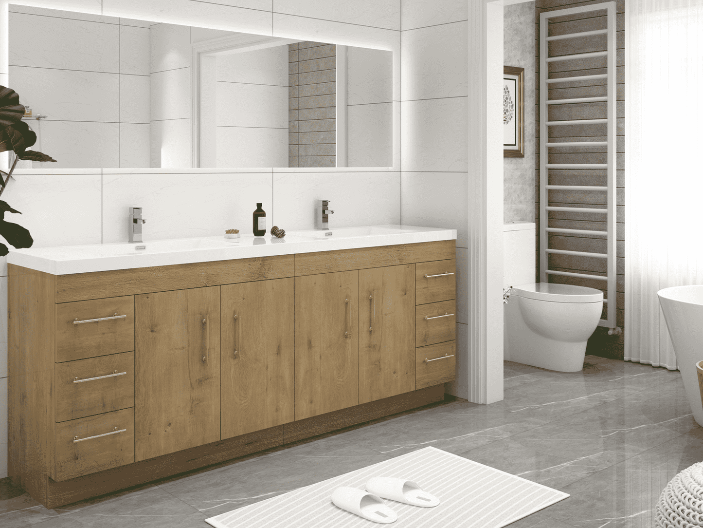 Elsa 84" Freestanding Bathroom Vanity with Reinforced Acrylic Double Sink in Oak | Better Vanity
