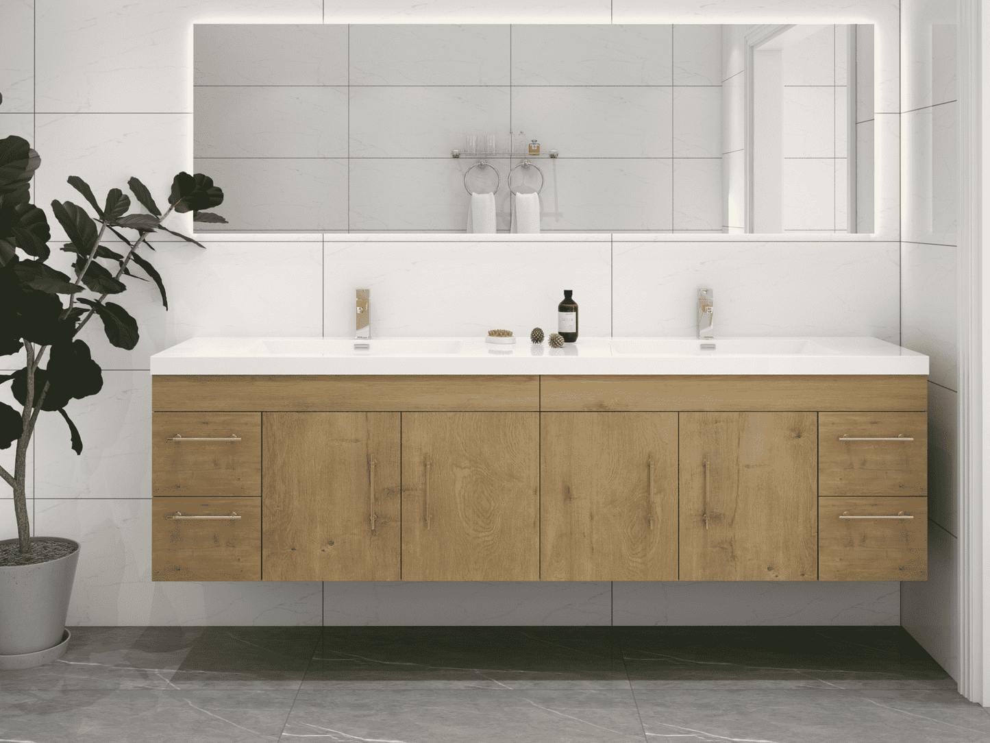 Elsa 72" Wall Mounted Floating Bathroom Vanity with Reinforced Acrylic Double Sink in Oak | Better Vanity