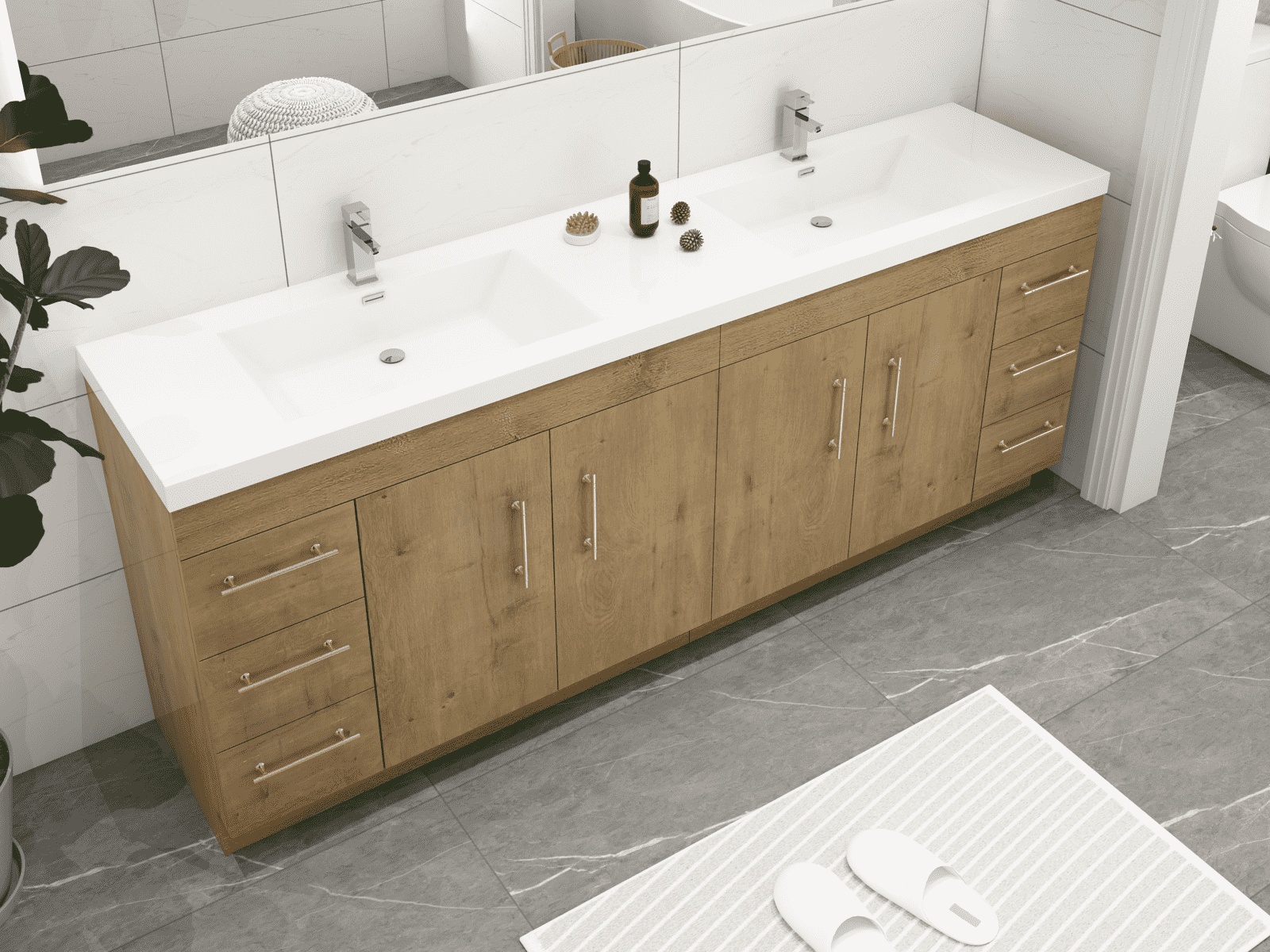 Elsa 84" Freestanding Bathroom Vanity with Reinforced Acrylic Double Sink in Oak | Better Vanity