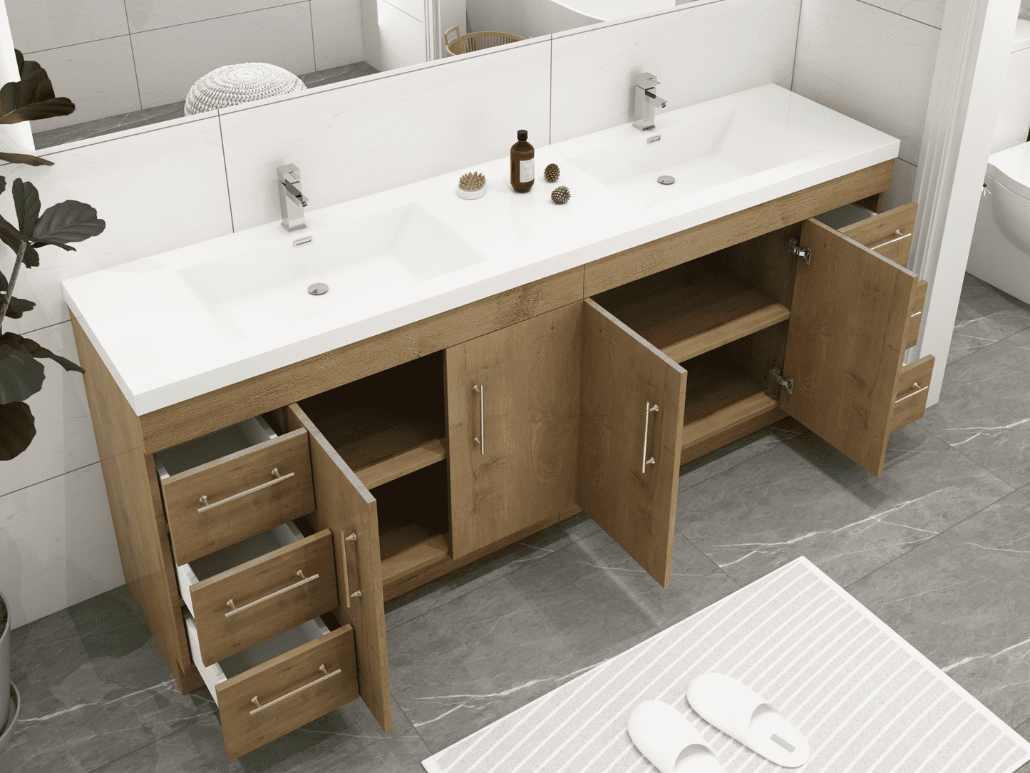 Elsa 84" Freestanding Bathroom Vanity with Reinforced Acrylic Double Sink in Oak | Better Vanity