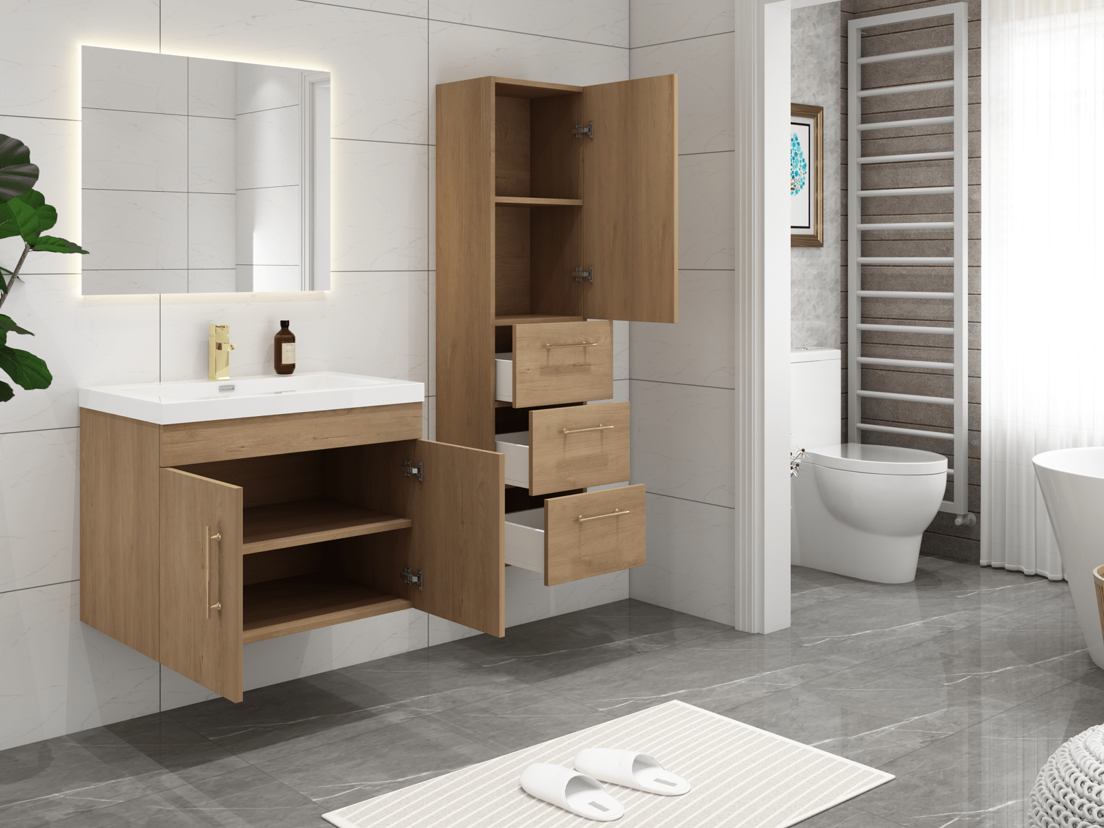 ELSA 16'' BATHROOM LINEN SIDE CABINET in White Oak V1
