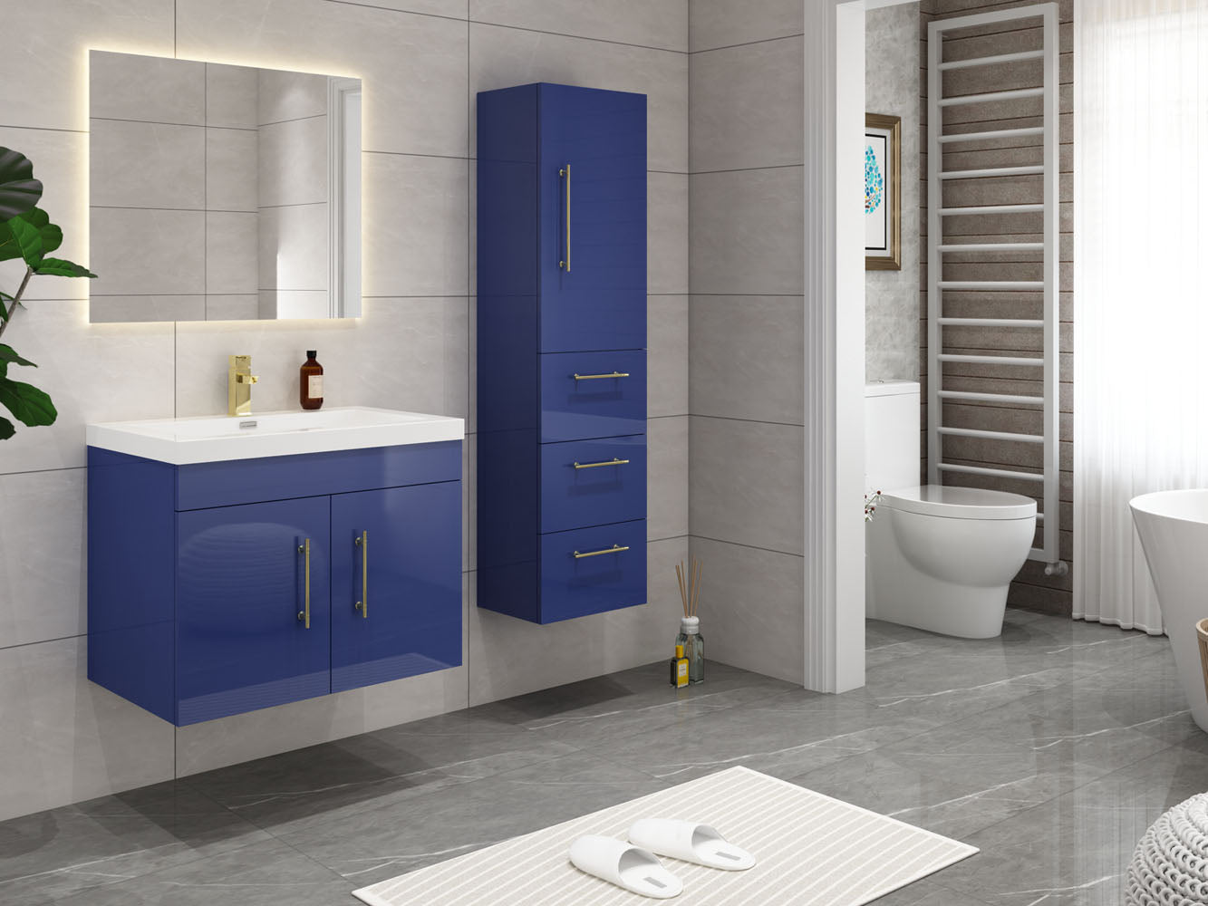 Elsa Glossy Night Blue Wall Mounted Side Cabinet