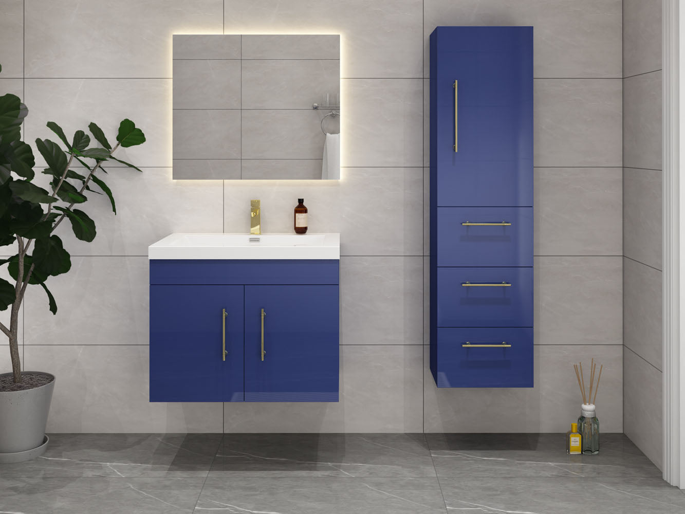 Elsa Glossy Night Blue Wall Mounted Side Cabinet