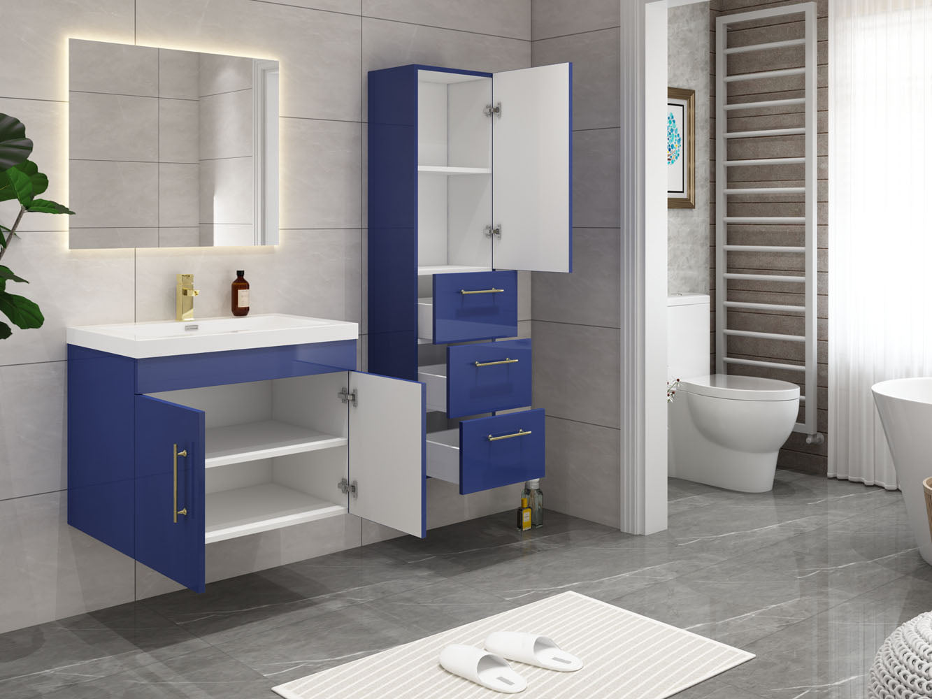 Elsa Glossy Night Blue Wall Mounted Side Cabinet