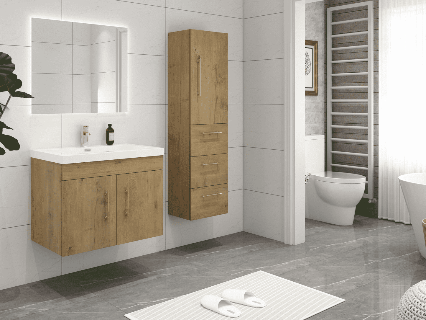 Elsa Floating Bathroom Vanity with Sink + Elsa Side Linen Cabinet in Oak