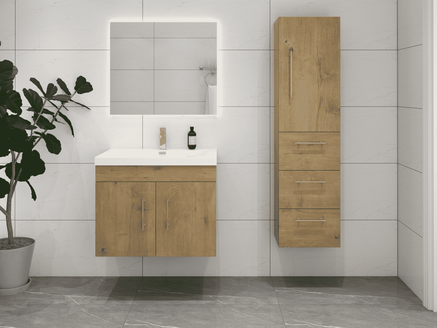 Elsa Floating Bathroom Vanity with Sink + Elsa Side Linen Cabinet in Oak