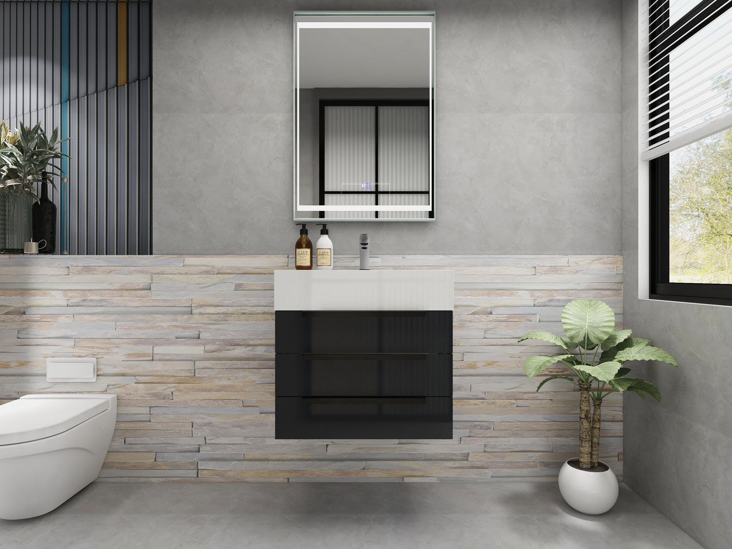 Bethany 24" Wall Mounted Floating Bathroom Vanity with Reinforced Acrylic Sink in Gloss Gray with Black Handles | Better Vanity Bath Vanities