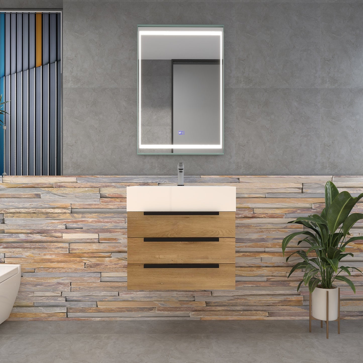 Bethany 24" Wall-Mounted Floating Bathroom Vanity with Reinforced Acrylic Sink in Teak Oak with Black Handles | Better Vanity Bath Vanities