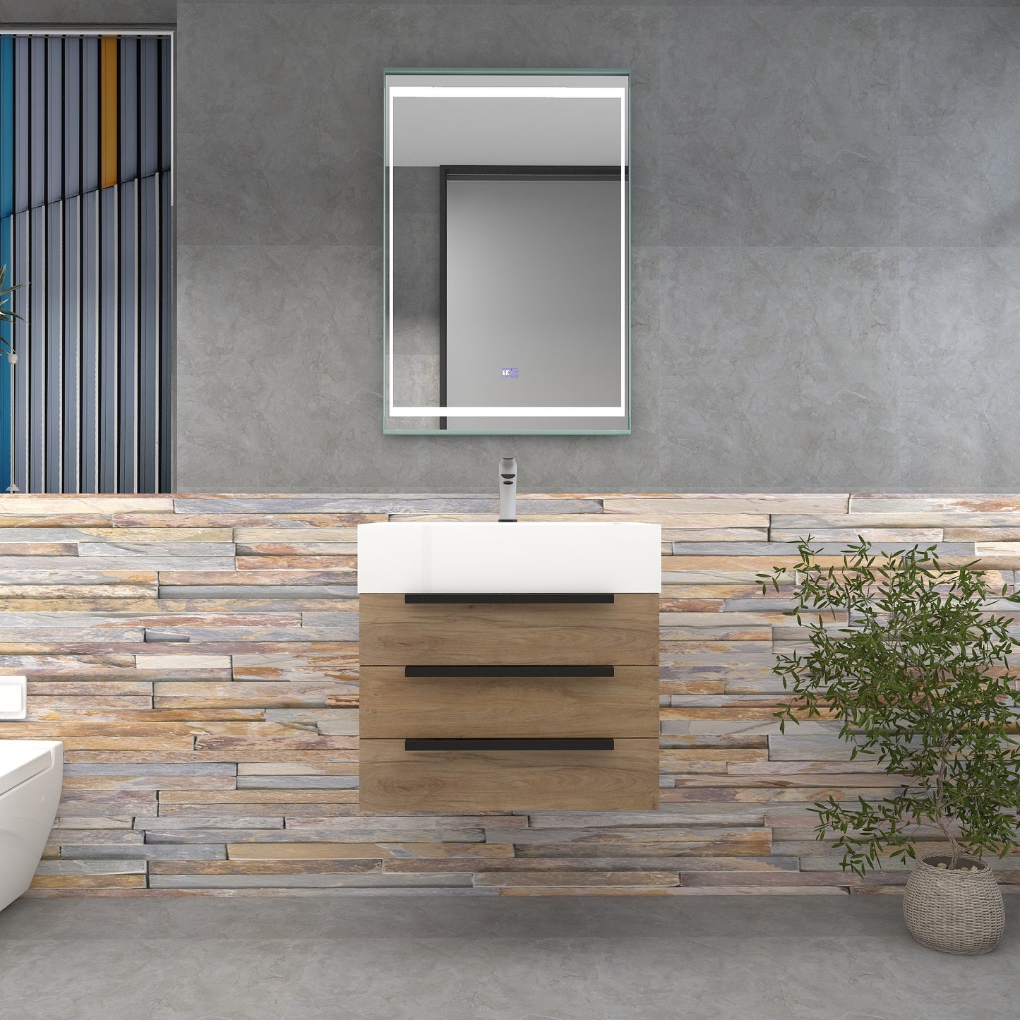 Bethany 24" Wall-Mounted Floating Bathroom Vanity with Reinforced Acrylic Sink in White Oak with Black Handles | Better Vanity Bath Vanities