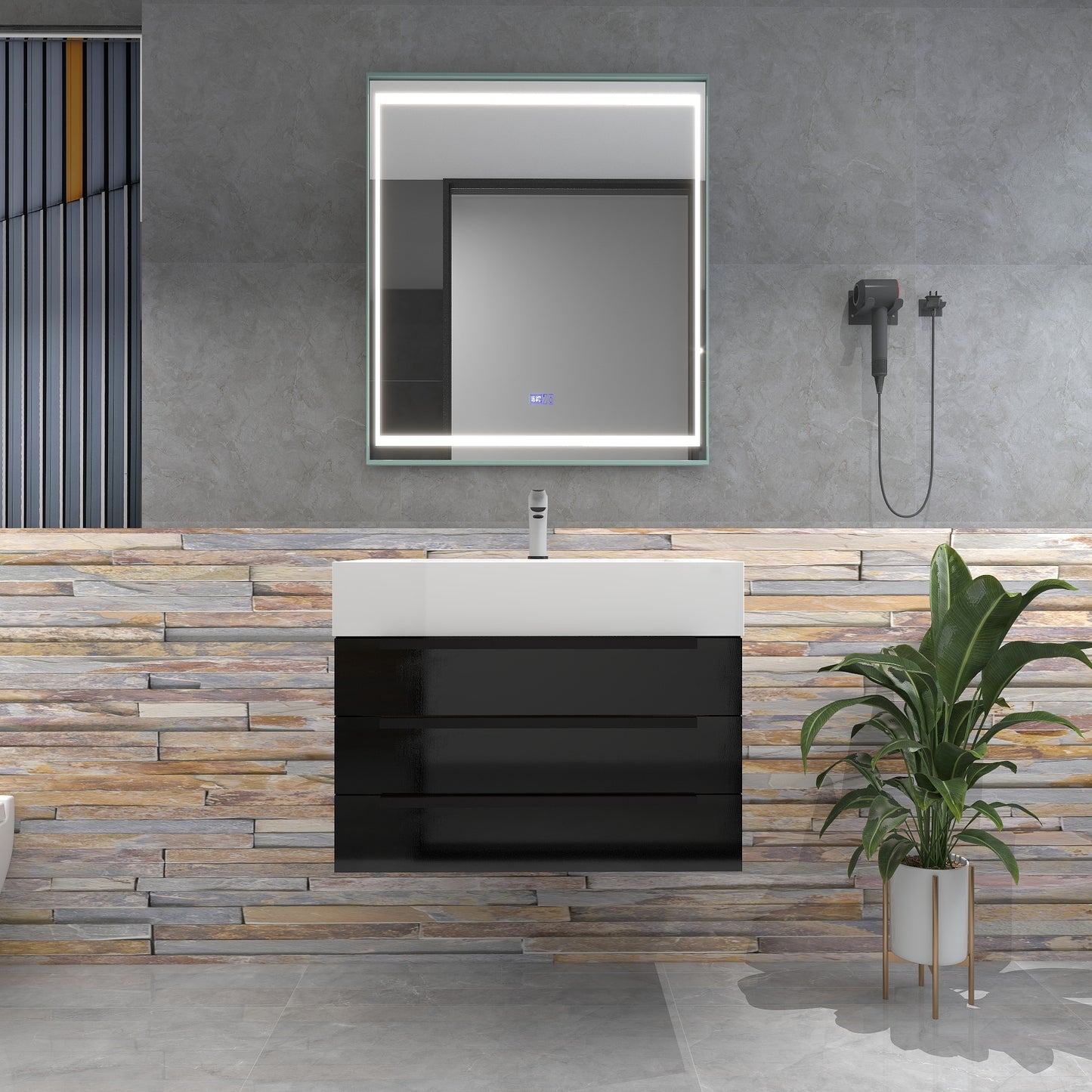 Bethany 30" Wall-Mounted Floating Bathroom Vanity with Reinforced Acrylic Sink in Gloss Black with Black Handles | Better Vanity Bath Vanities