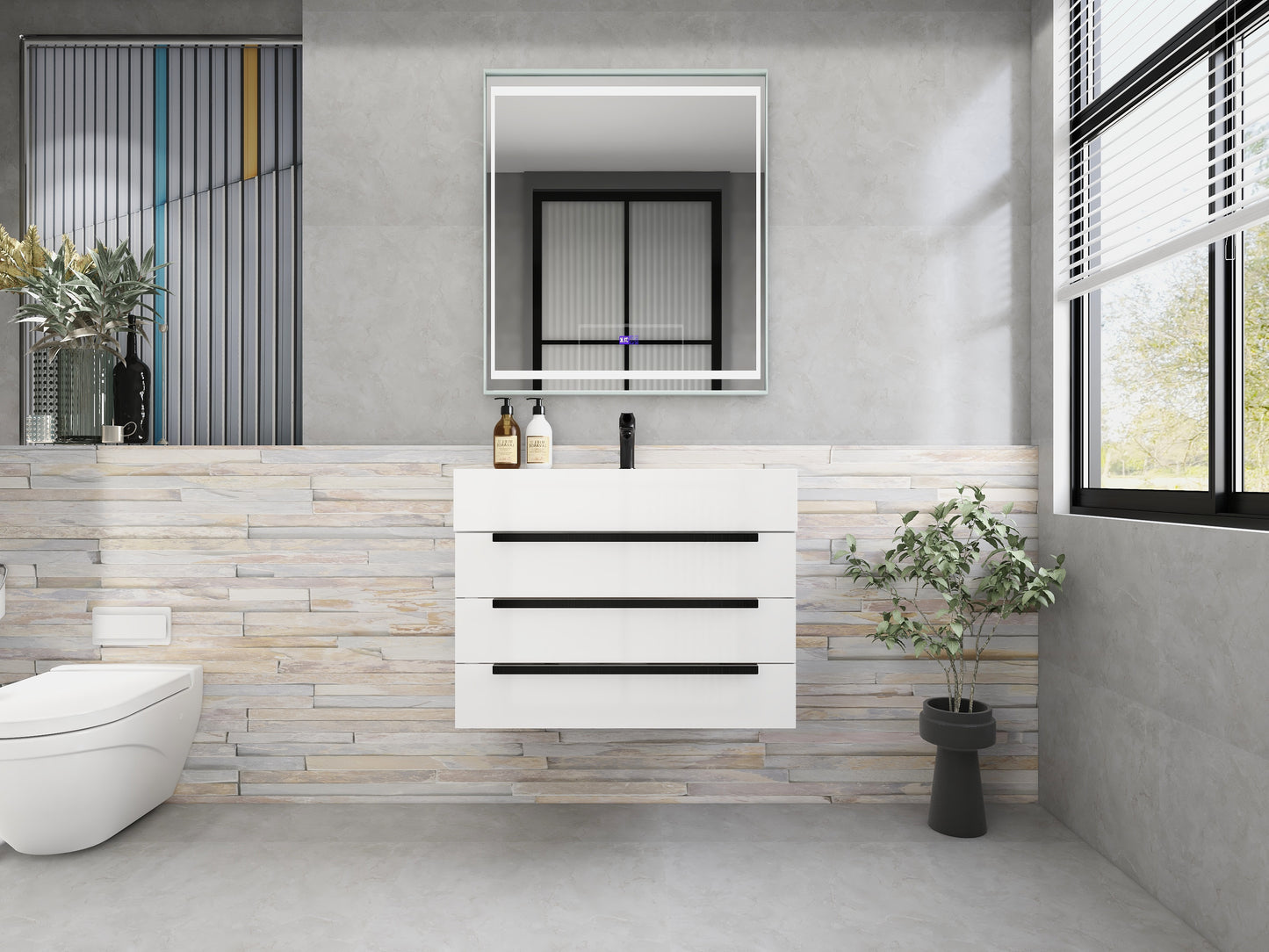 Bethany 30" Wall-Mounted Floating Bathroom Vanity with Reinforced Acrylic Sink in Gloss White with Black Handles | Better Vanity Bath Vanities