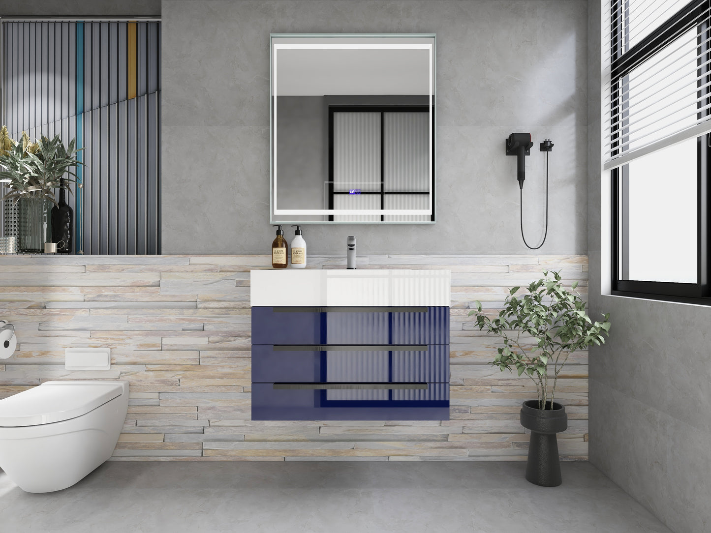 Bethany 30" Floating Bathroom Vanity with Reinforced Acrylic Sink in Night Blue Gloss with Black Handles | Better Vanity Bath Vanities