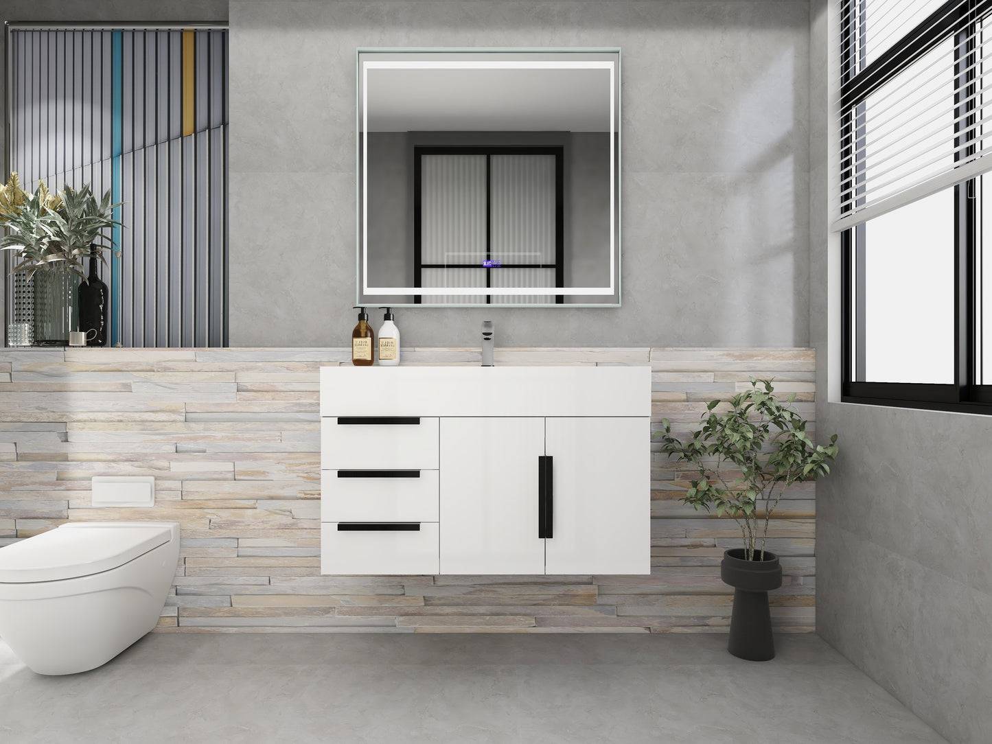 Bethany 36" Wall-Mounted Floating Bathroom Vanity with Reinforced Acrylic Sink in Gloss White with Black Handles | Better Vanity Bath Vanities
