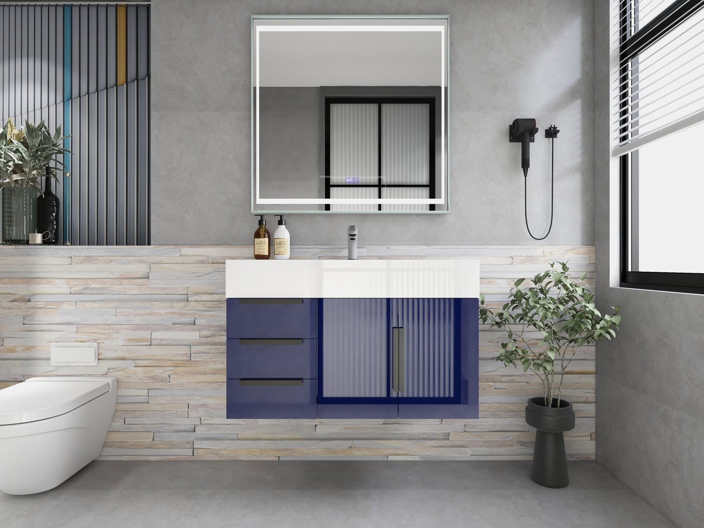 Bethany 36" Floating Bathroom Vanity with Reinforced Acrylic Sink in Night Blue Gloss with Black Handles | Better Vanity Bath Vanities