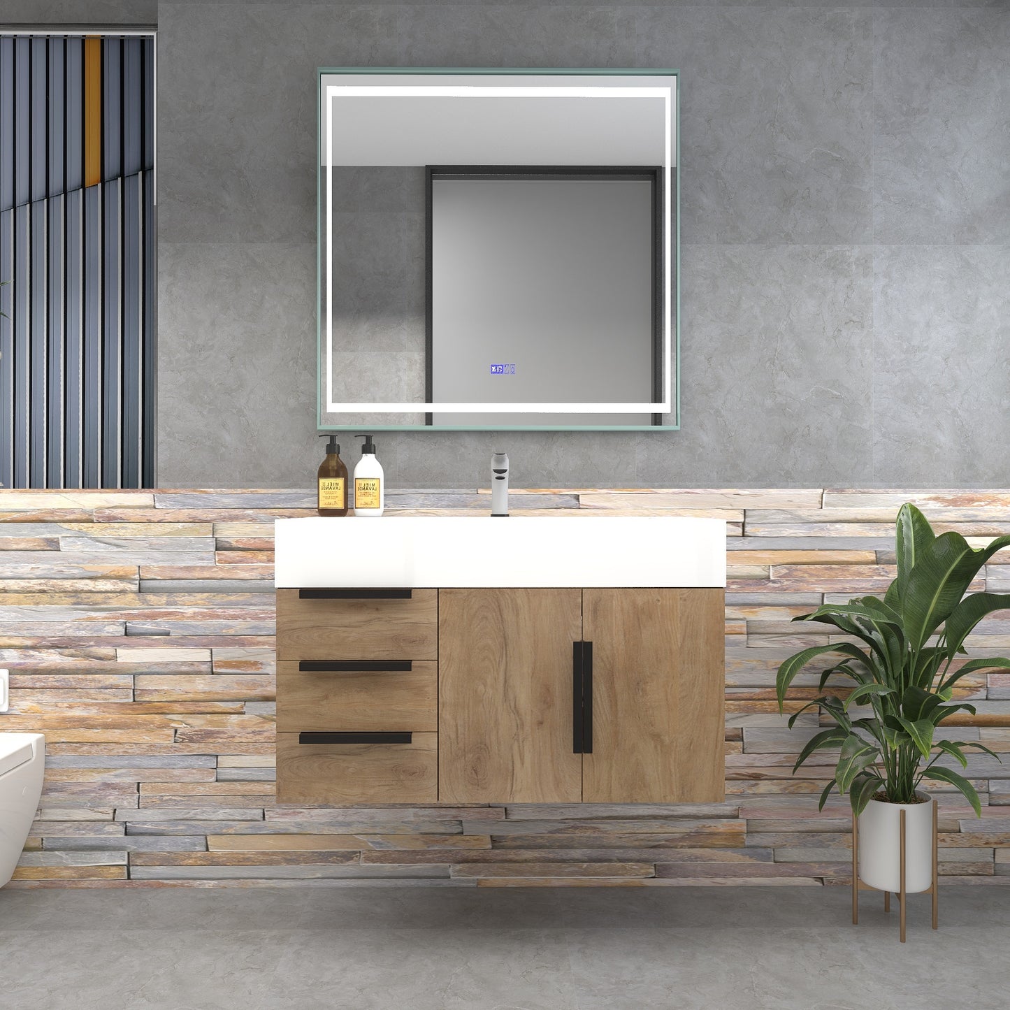Bethany 36" Wall-Mounted Floating Bathroom Vanity with Reinforced Acrylic Sink in White Oak with Black Handles | Better Vanity Bath Vanities