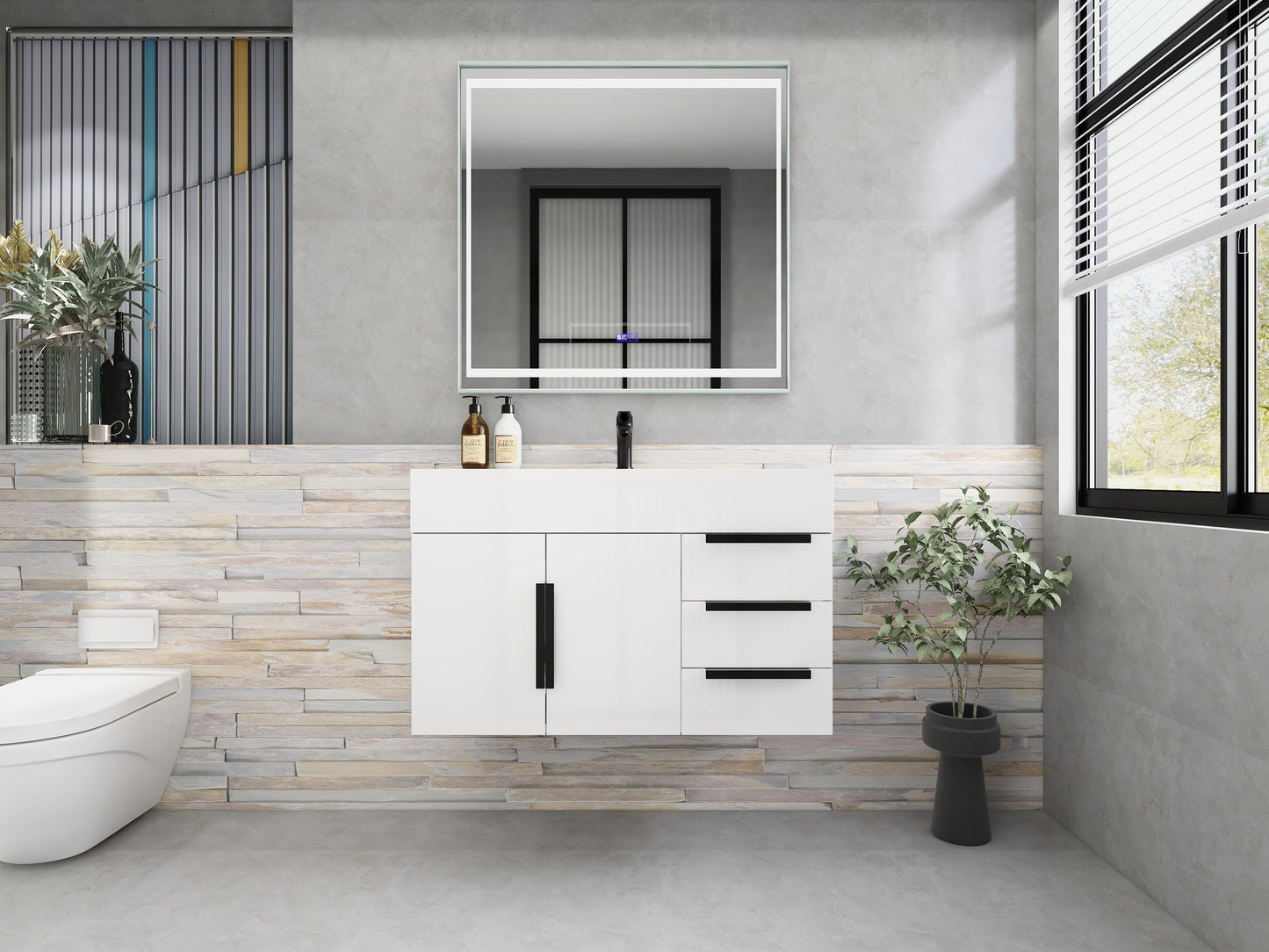Bethany 36" Wall-Mounted Floating Bathroom Vanity with Reinforced Acrylic Sink in Gloss White with Black Handles | Better Vanity Bath Vanities