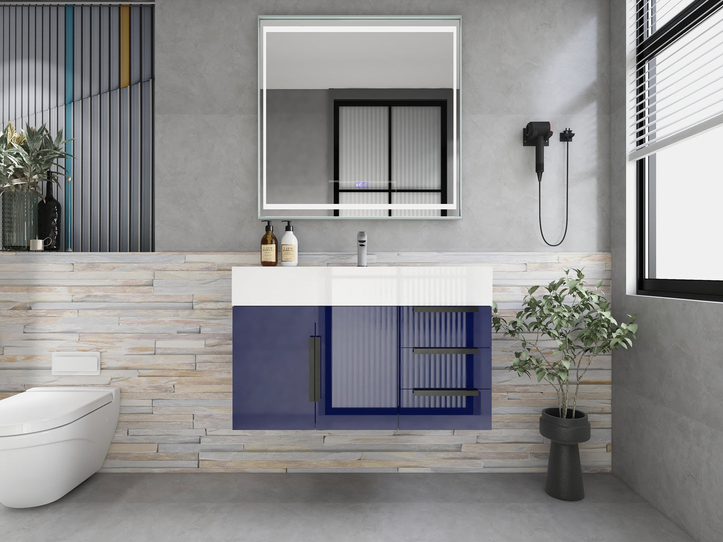 Bethany 36" Floating Bathroom Vanity with Reinforced Acrylic Sink in Night Blue Gloss with Black Handles | Better Vanity Bath Vanities