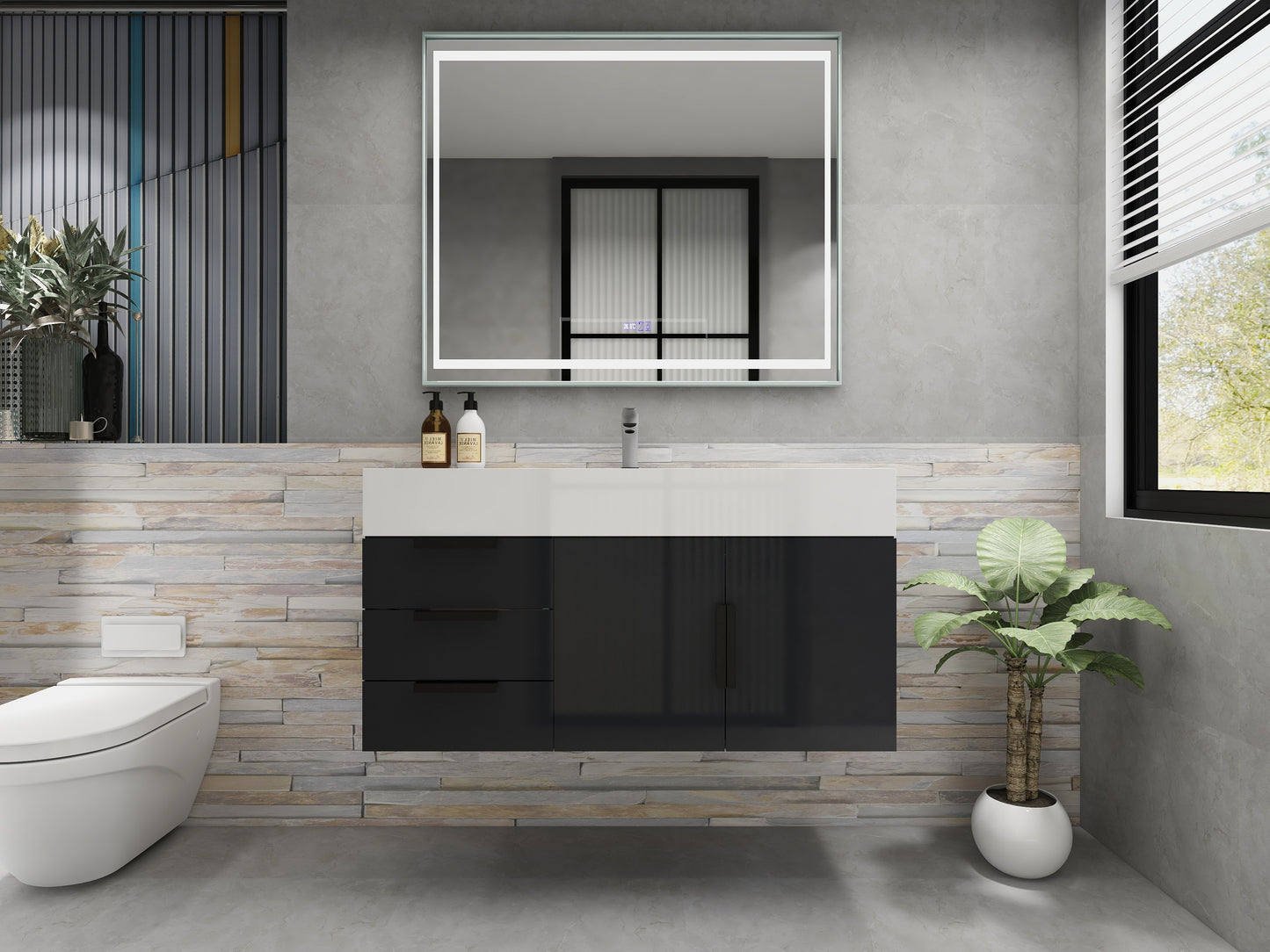 Bethany 42" Wall Mounted Floating Bathroom Vanity with Reinforced Acrylic Sink in Gloss Gray with Black Handles | Better Vanity Bath Vanities