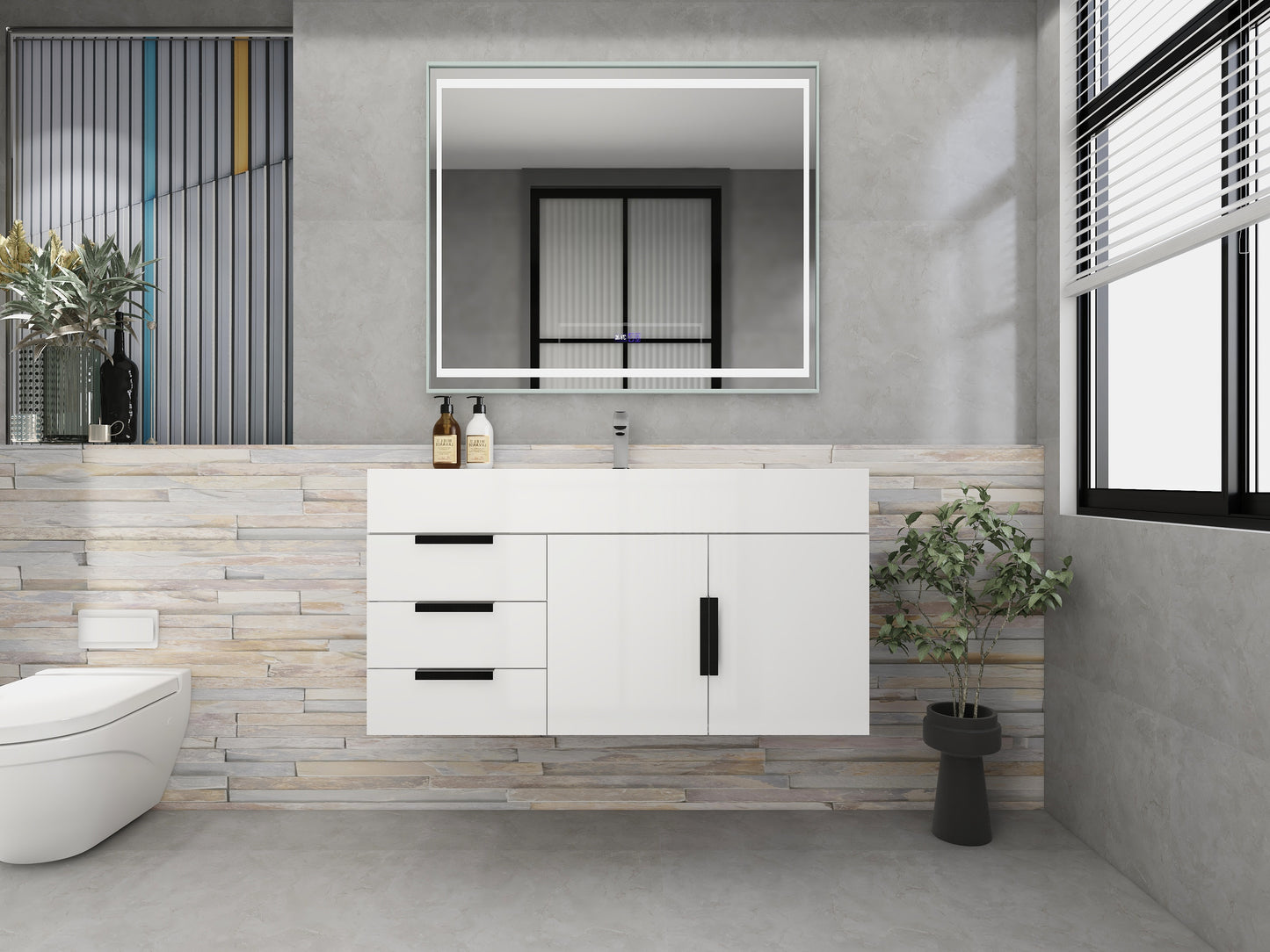 Bethany 42" Wall-Mounted Floating Bathroom Vanity with Reinforced Acrylic Sink in Gloss White with Black Handles | Better Vanity Bath Vanities