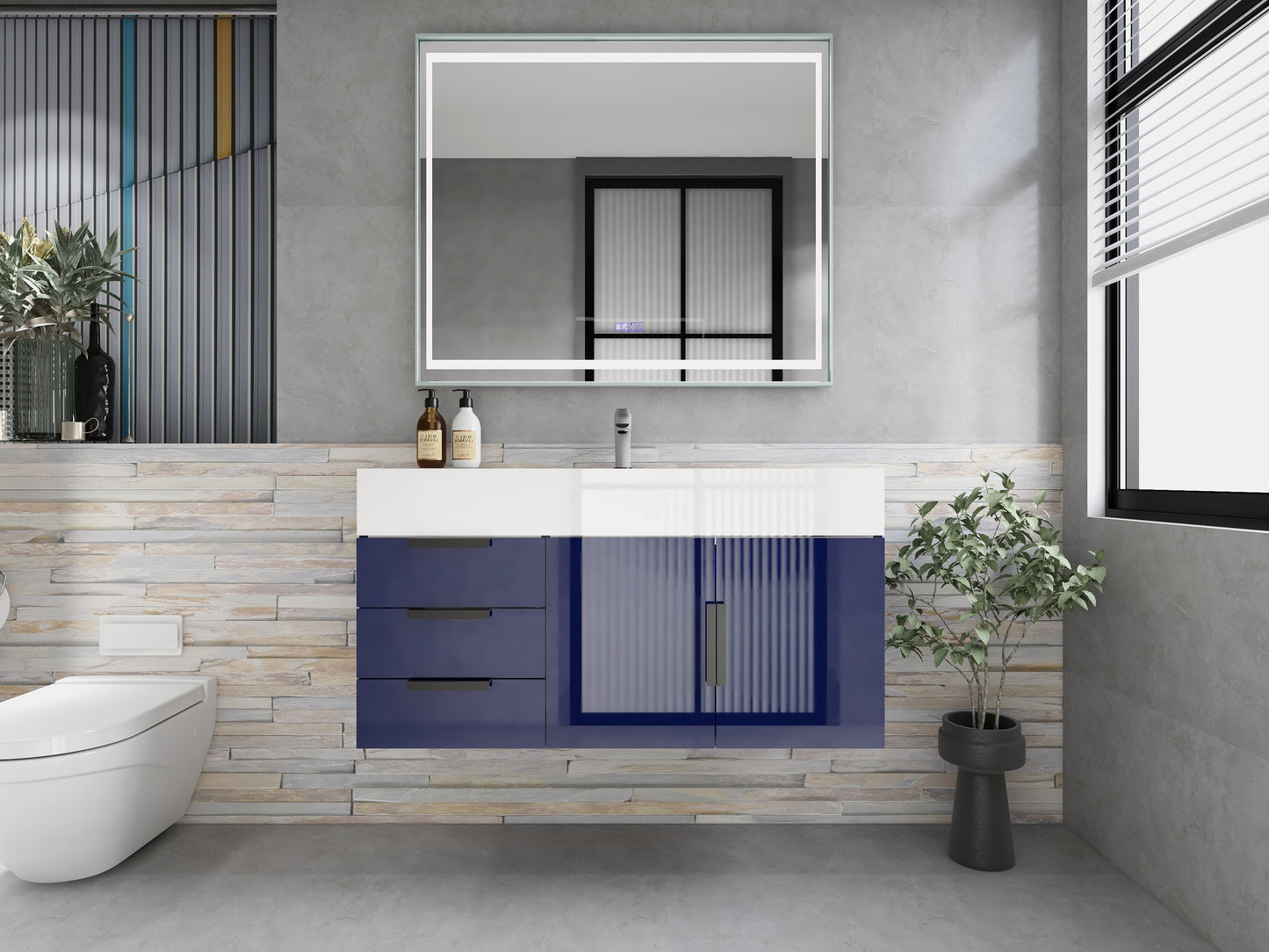 Bethany 42" Floating Bathroom Vanity with Reinforced Acrylic Sink in Night Blue Gloss with Black Handles | Better Vanity Bath Vanities
