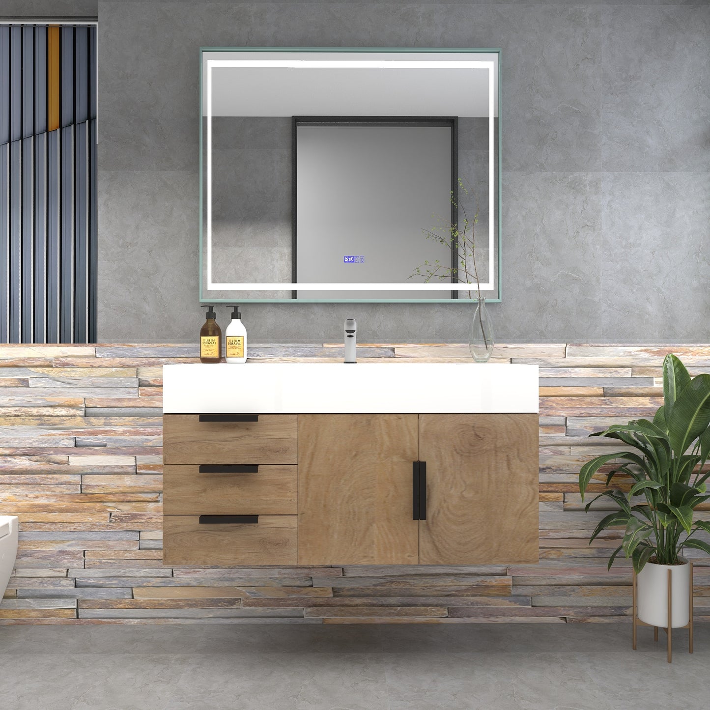 Bethany 42" Wall-Mounted Floating Bathroom Vanity with Reinforced Acrylic Sink in White Oak with Black Handles | Better Vanity Bath Vanities