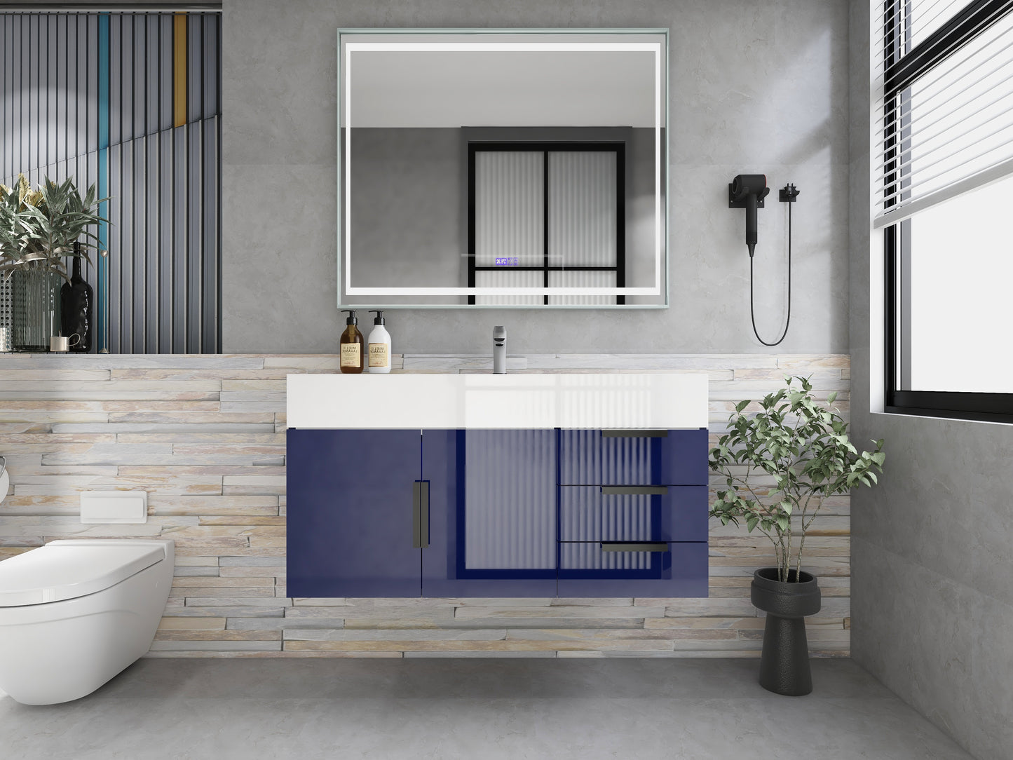 Bethany 42" Floating Bathroom Vanity with Reinforced Acrylic Sink in Night Blue Gloss with Black Handles | Better Vanity Bath Vanities