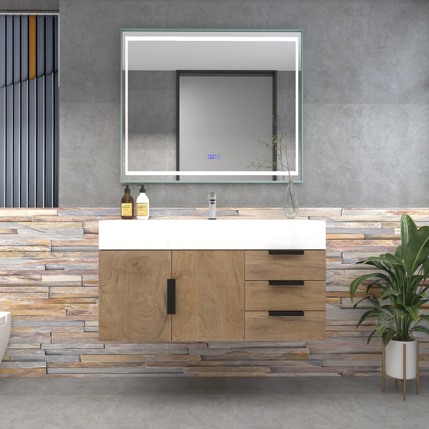 Bethany 42" Wall-Mounted Floating Bathroom Vanity with Reinforced Acrylic Sink in White Oak with Black Handles | Better Vanity Bath Vanities