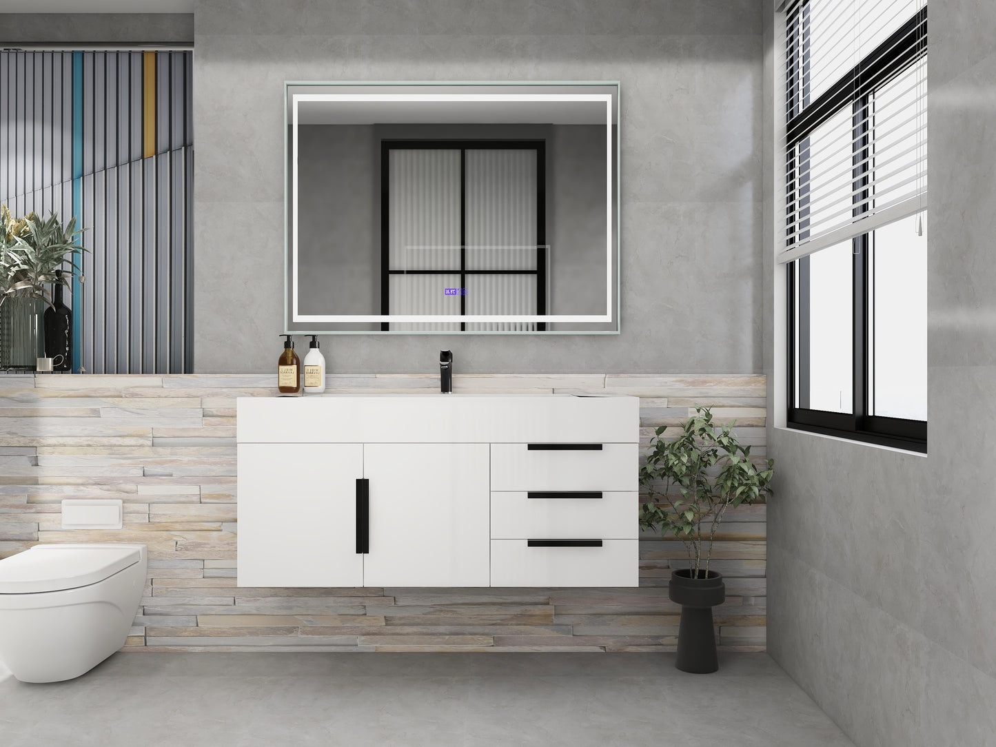 Bethany 48" Wall-Mounted Floating Bathroom Vanity with Reinforced Acrylic Sink in Gloss White with Black Handles | Better Vanity Bath Vanities