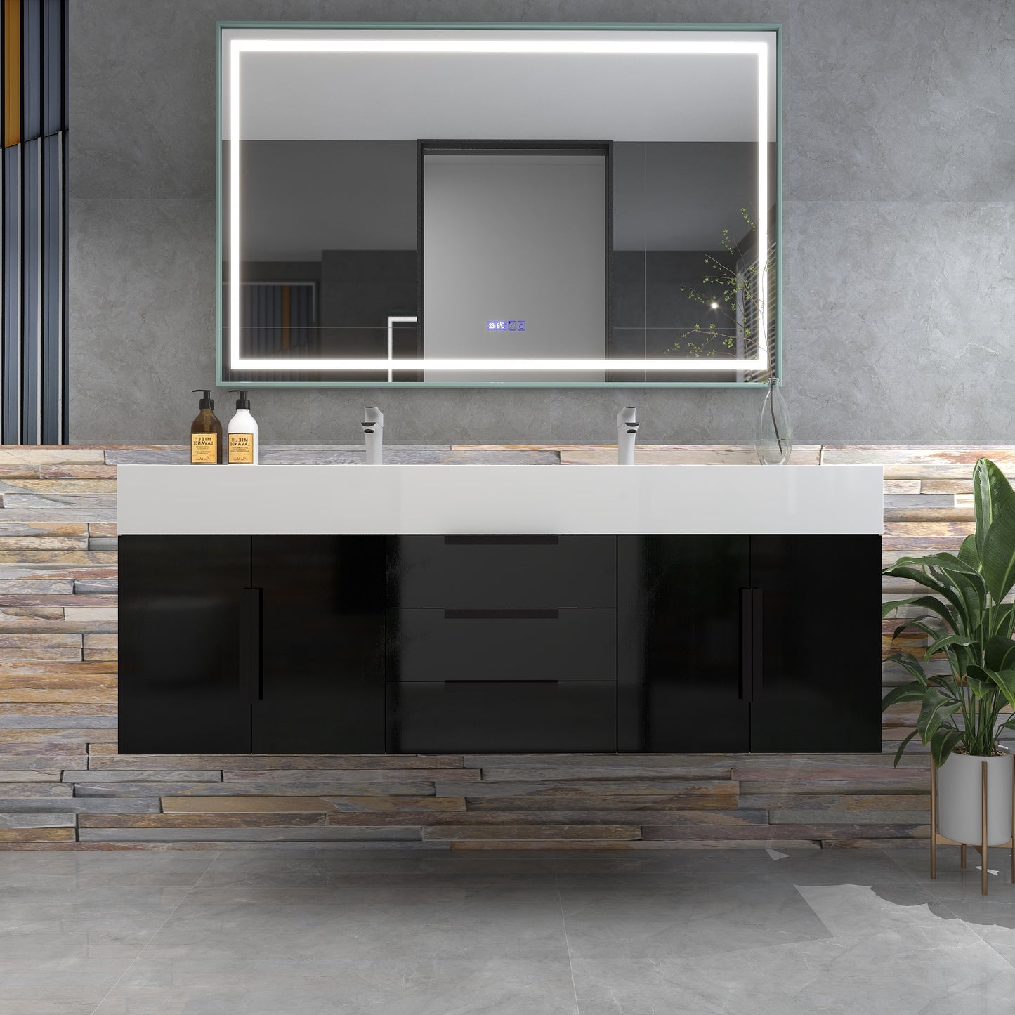 Bethany 60" Wall-Mounted Floating Bathroom Vanity with Reinforced Acrylic Double Sink in Gloss Black with Black Handles | Better Vanity Bath Vanities