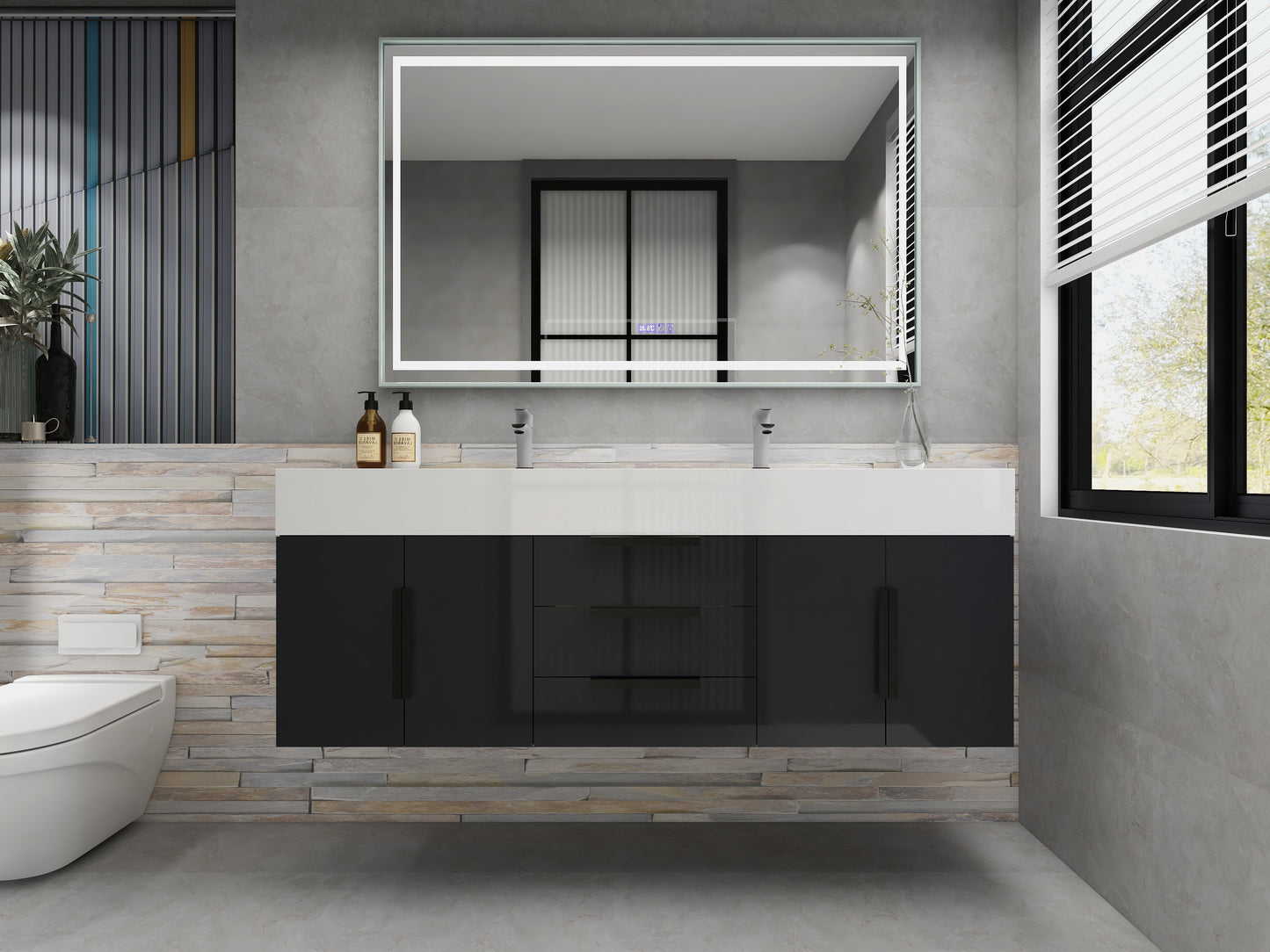 Bethany 60" Wall Mounted Floating Bathroom Vanity with Reinforced Acrylic Double Sink in Gloss Gray with Black Handles | Better Vanity Bath Vanities