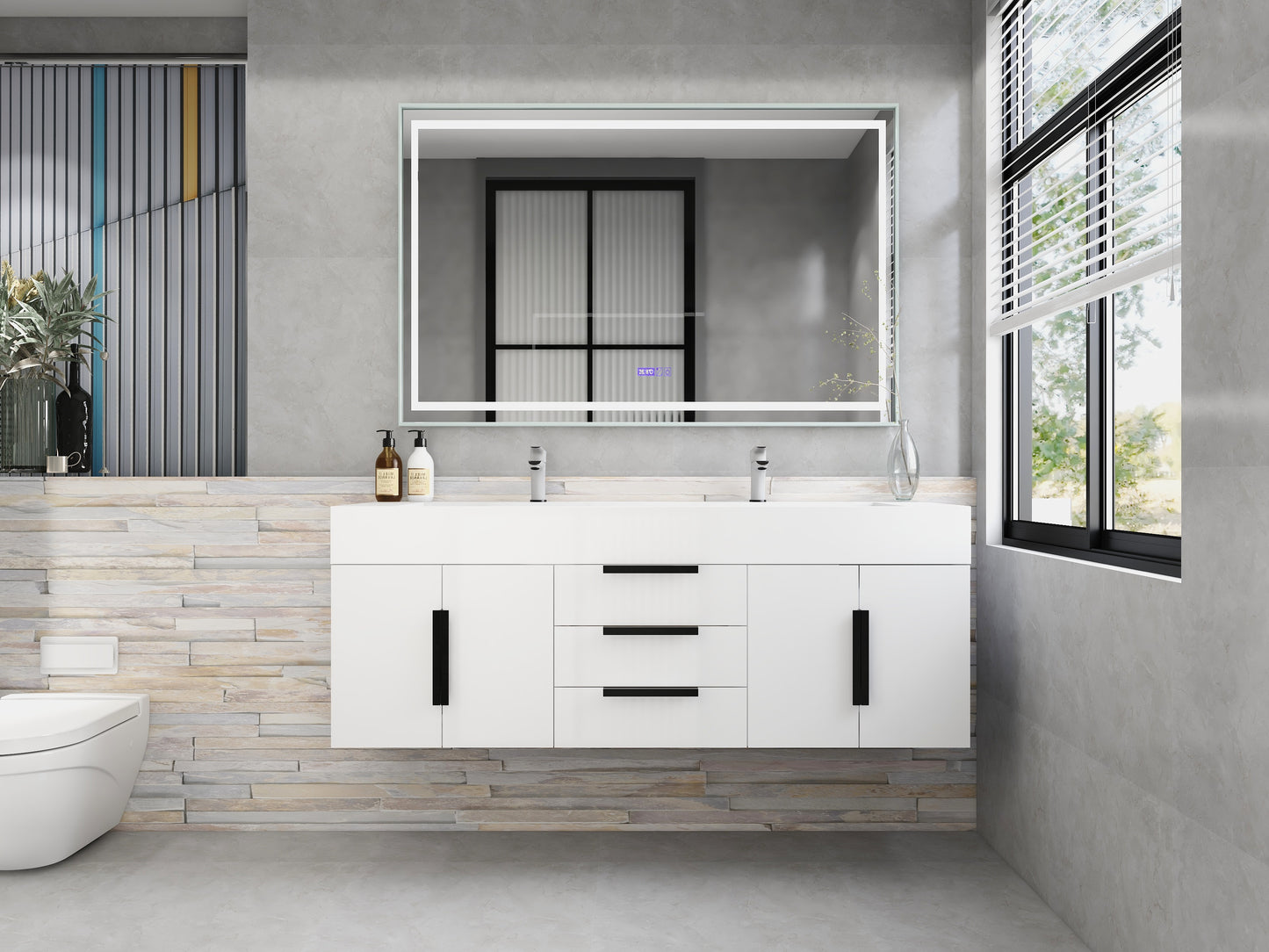 Bethany 60" Wall-Mounted Floating Bathroom Vanity with Reinforced Acrylic Double Sink in Gloss White with Black Handles | Better Vanity Bath Vanities