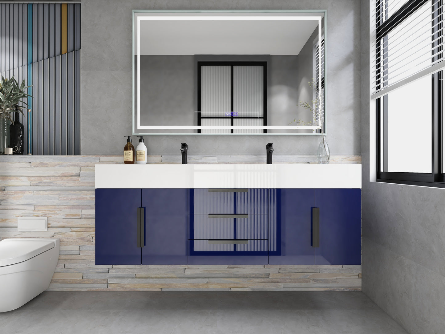 Bethany 60" Floating Bathroom Vanity with Reinforced Acrylic Double Sink in Night Blue Gloss with Black Handles | Better Vanity Bath Vanities
