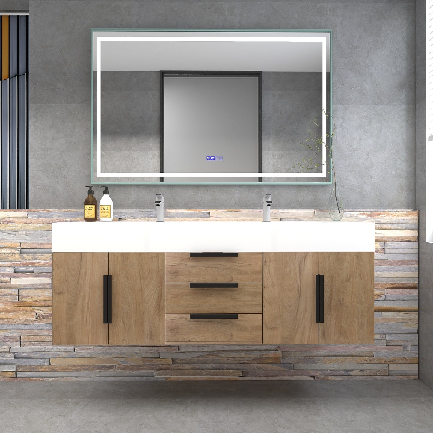 Bethany 60" Wall-Mounted Floating Bathroom Vanity with Reinforced Acrylic Double Sink in White Oak with Black Handles | Better Vanity Bath Vanities