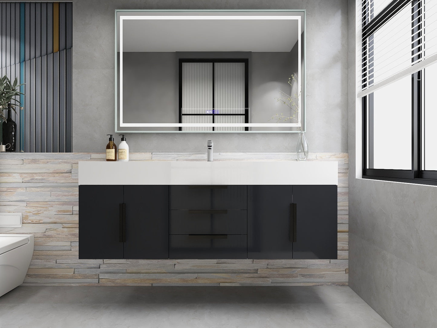 Bethany 60" Wall Mounted Floating Bathroom Vanity with Reinforced Acrylic Sink in Gloss Gray with Black Handles | Better Vanity Bath Vanities