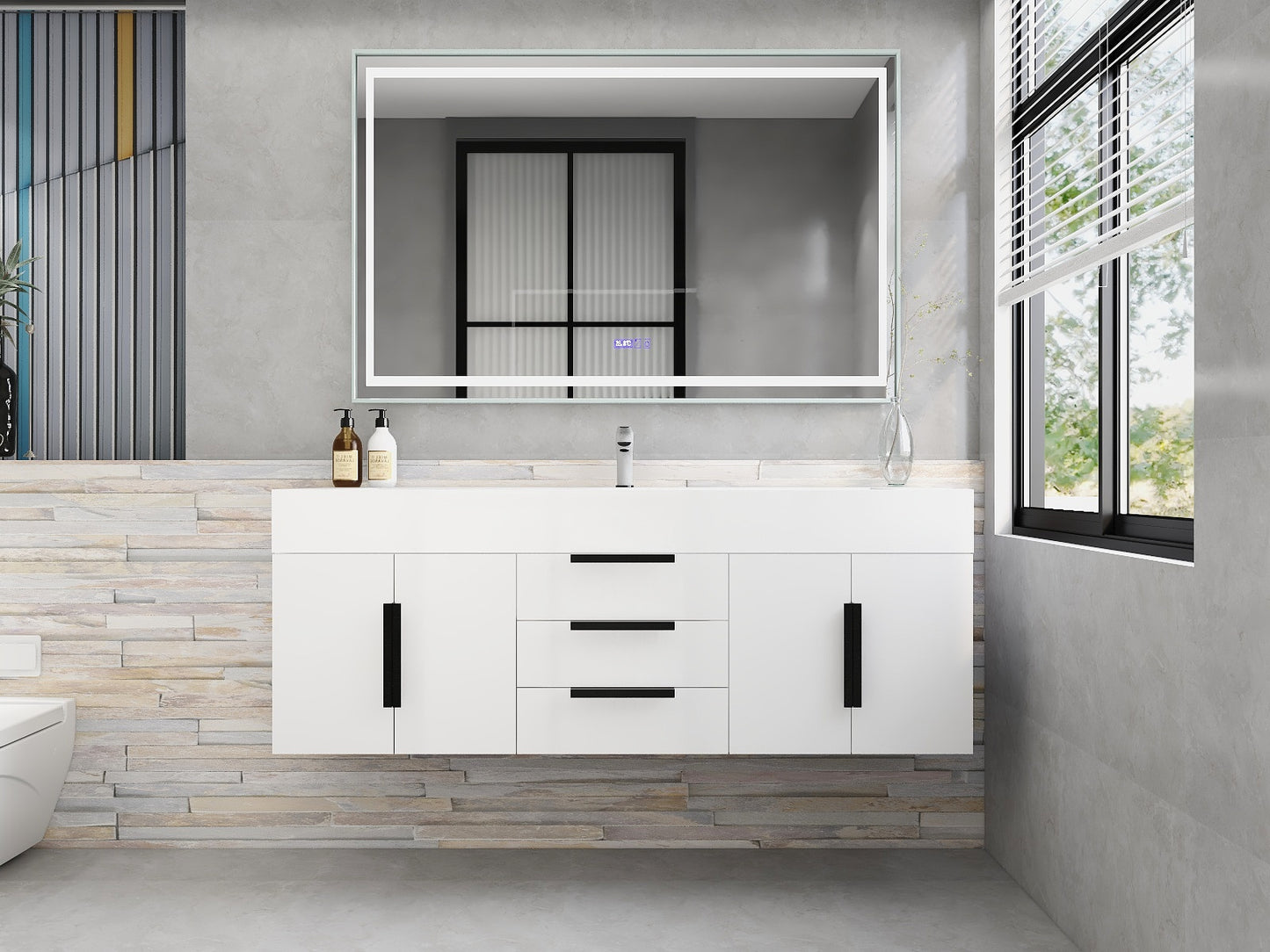 Bethany 60" Wall-Mounted Floating Bathroom Vanity with Reinforced Acrylic Sink in Gloss White with Black Handles | Better Vanity Bath Vanities