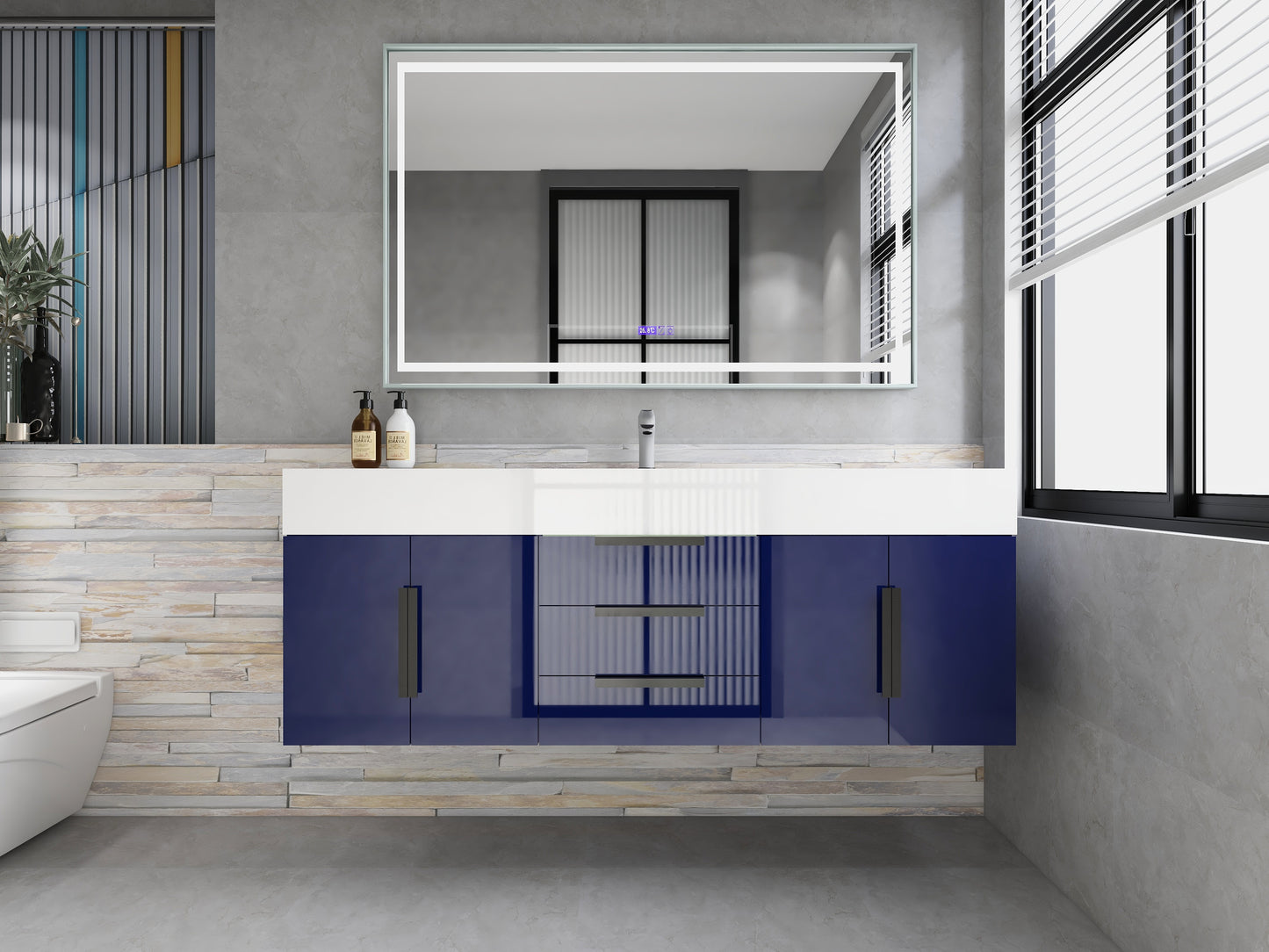Bethany 60" Floating Bathroom Vanity with Reinforced Acrylic Sink in Night Blue Gloss with Black Handles | Better Vanity Bath Vanities