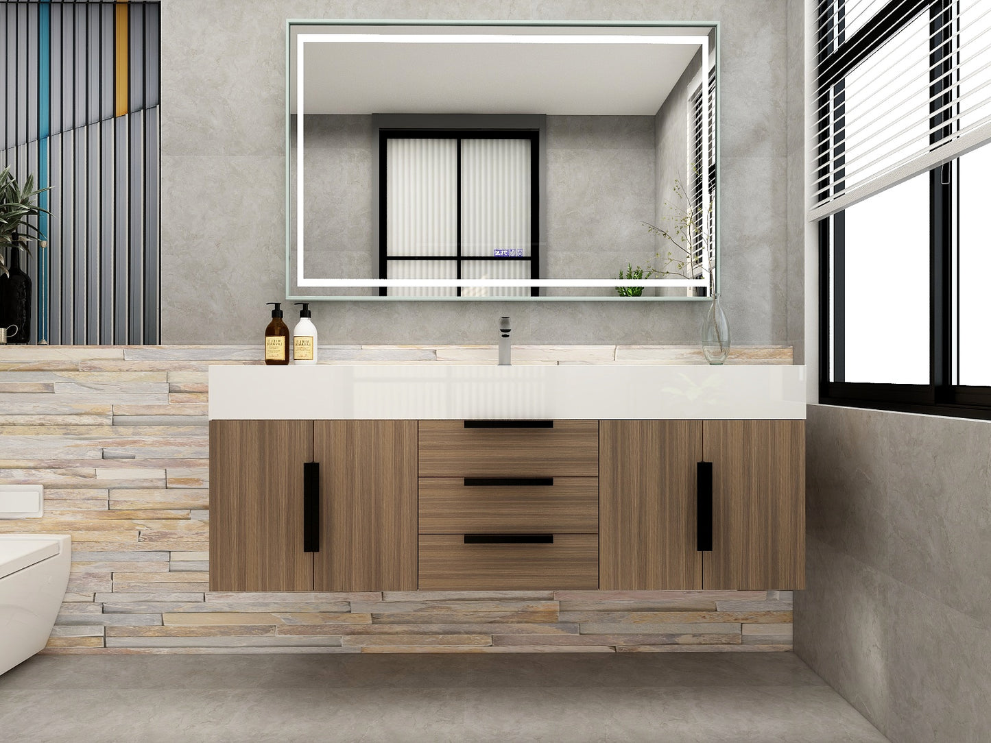 Bethany 60" Floating Bathroom Vanity with Reinforced Acrylic Sink in Rosewood with Black Handles | Better Vanity Bath Vanities