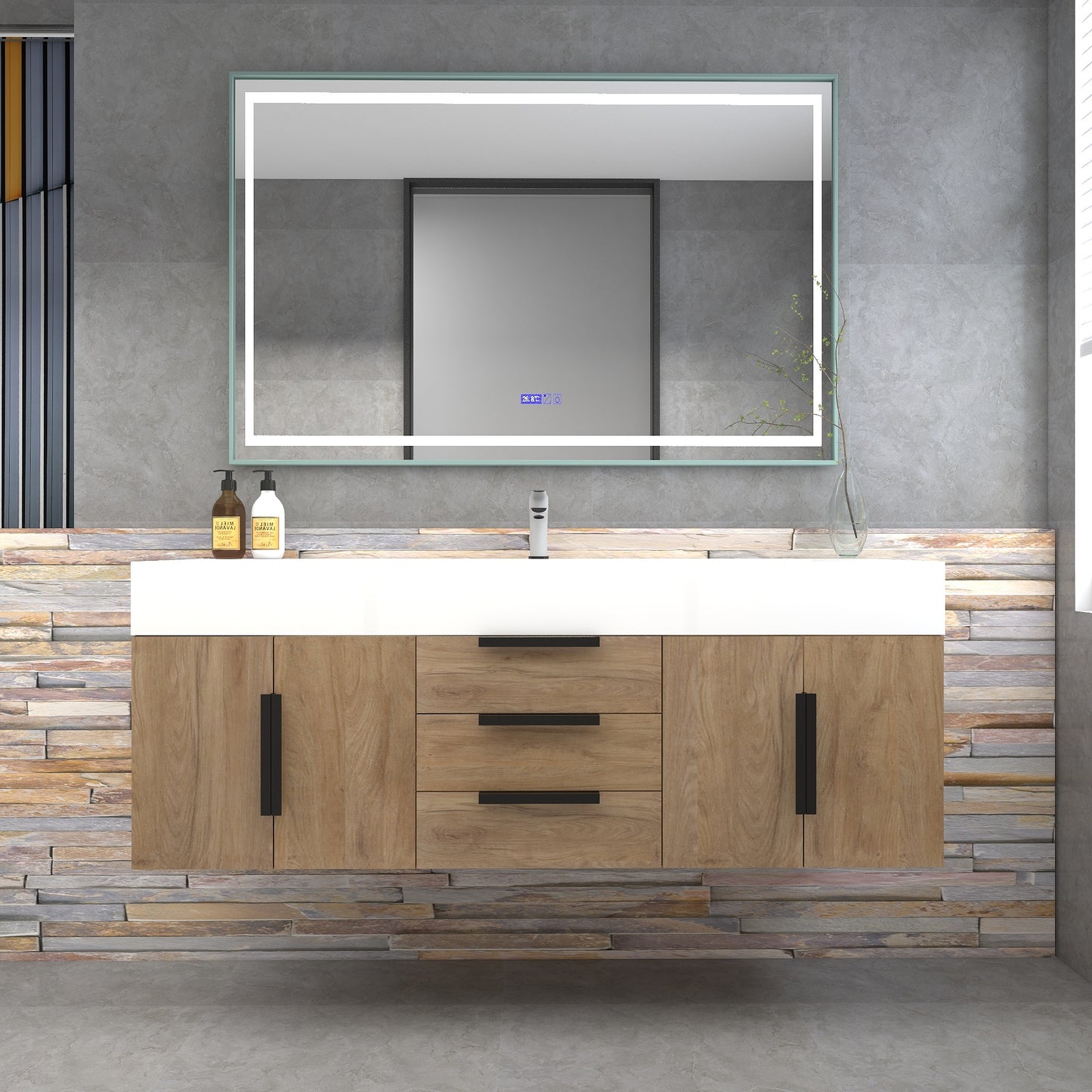 Bethany 60" Wall-Mounted Floating Bathroom Vanity with Reinforced Acrylic Sink in White Oak with Black Handles | Better Vanity Bath Vanities