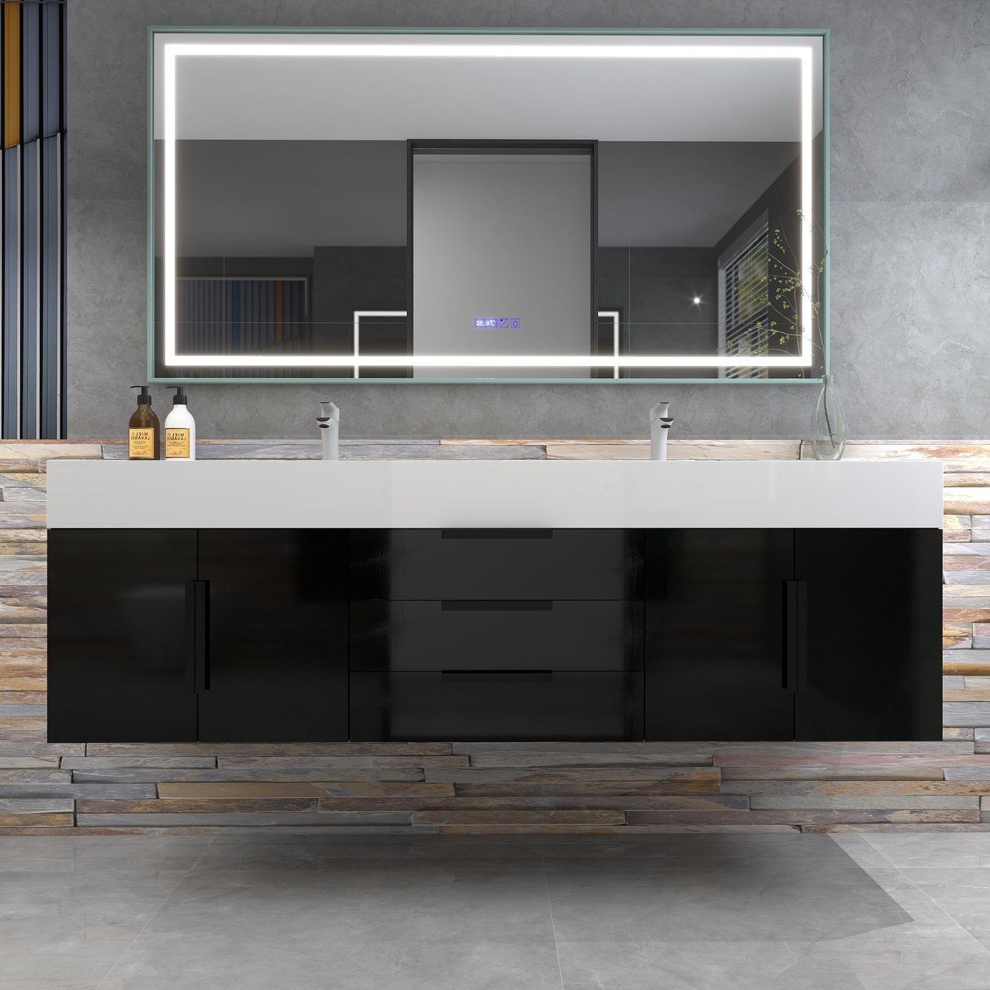 Bethany 72" Wall-Mounted Floating Bathroom Vanity with Reinforced Acrylic Double Sink in Gloss Black with Black Handles | Better Vanity Bath Vanities