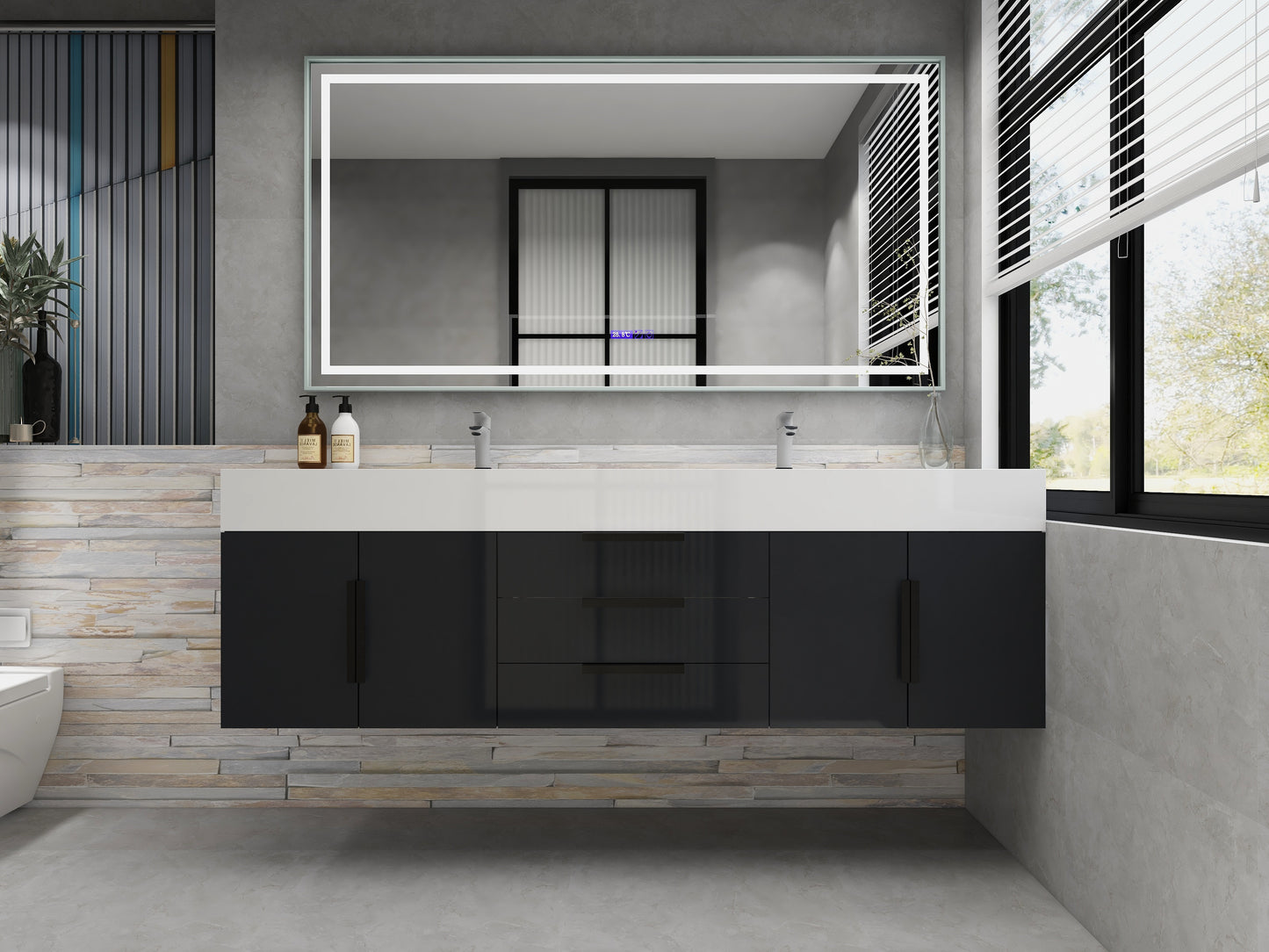 Bethany 72" Wall Mounted Floating Bathroom Vanity with Reinforced Acrylic Double Sink in Gloss Gray with Black Handles | Better Vanity Bath Vanities