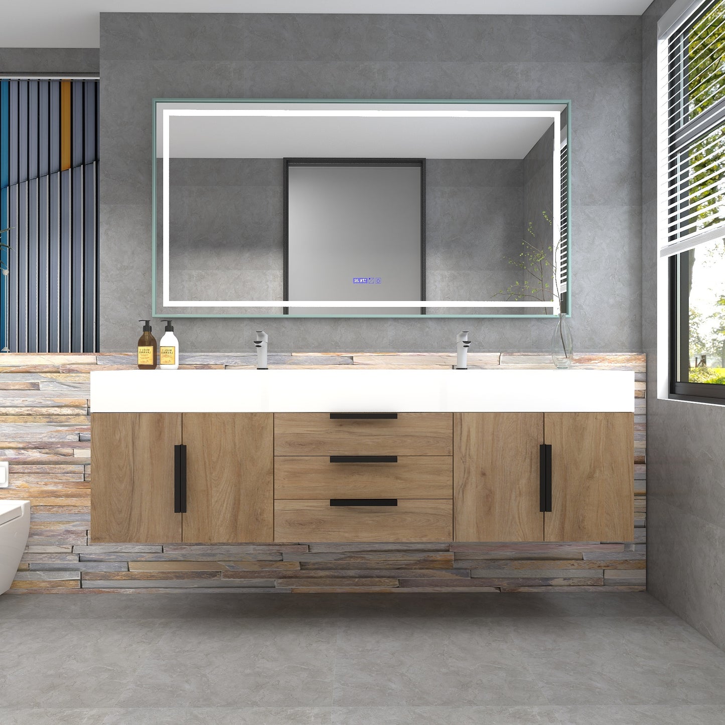 Bethany 72" Wall-Mounted Floating Bathroom Vanity with Reinforced Acrylic Double Sink in White Oak with Black Handles | Better Vanity Bath Vanities