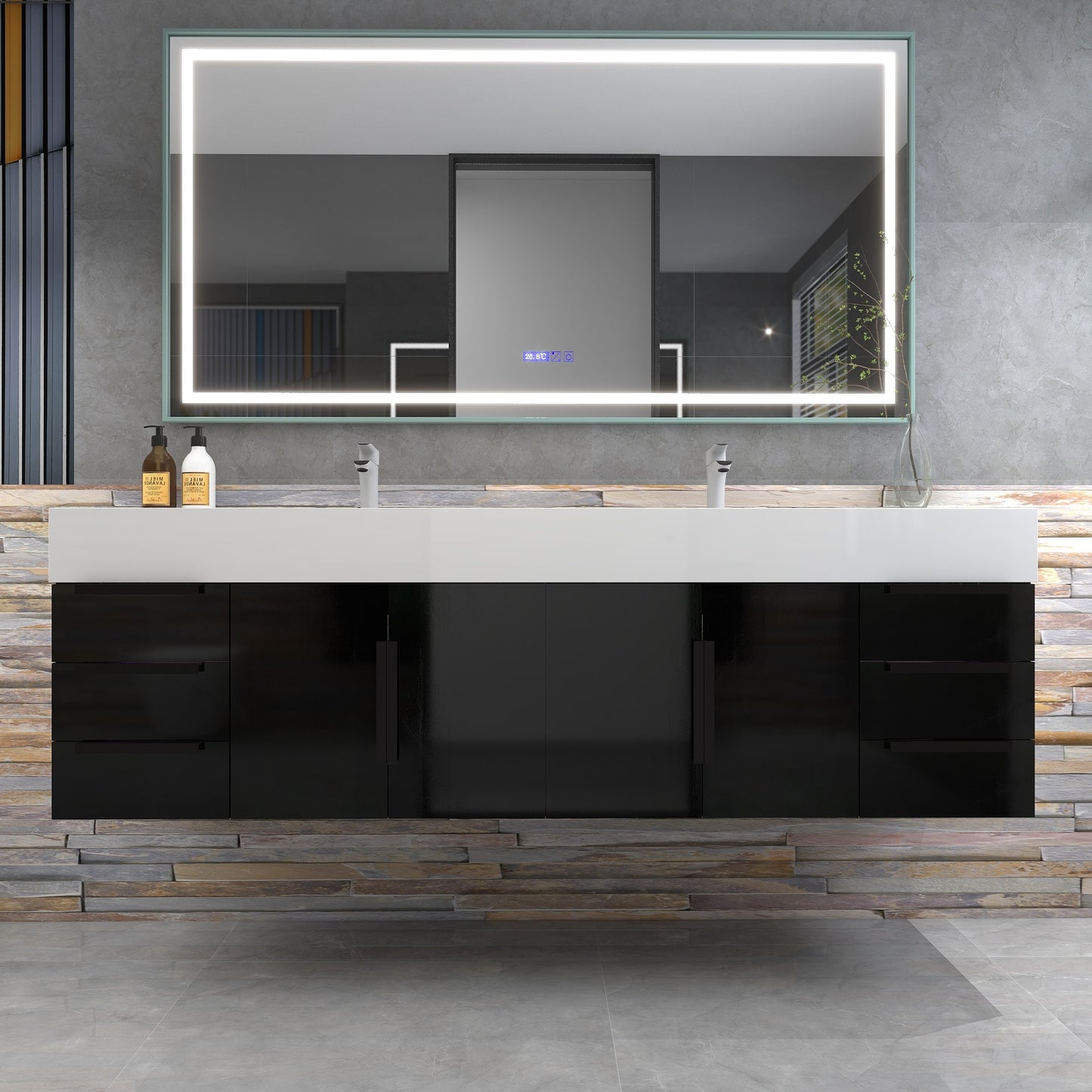 Bethany 72" Wall-Mounted Floating Bathroom Vanity with Reinforced Acrylic Double Sink in Gloss Black with Black Handles | Better Vanity Bath Vanities